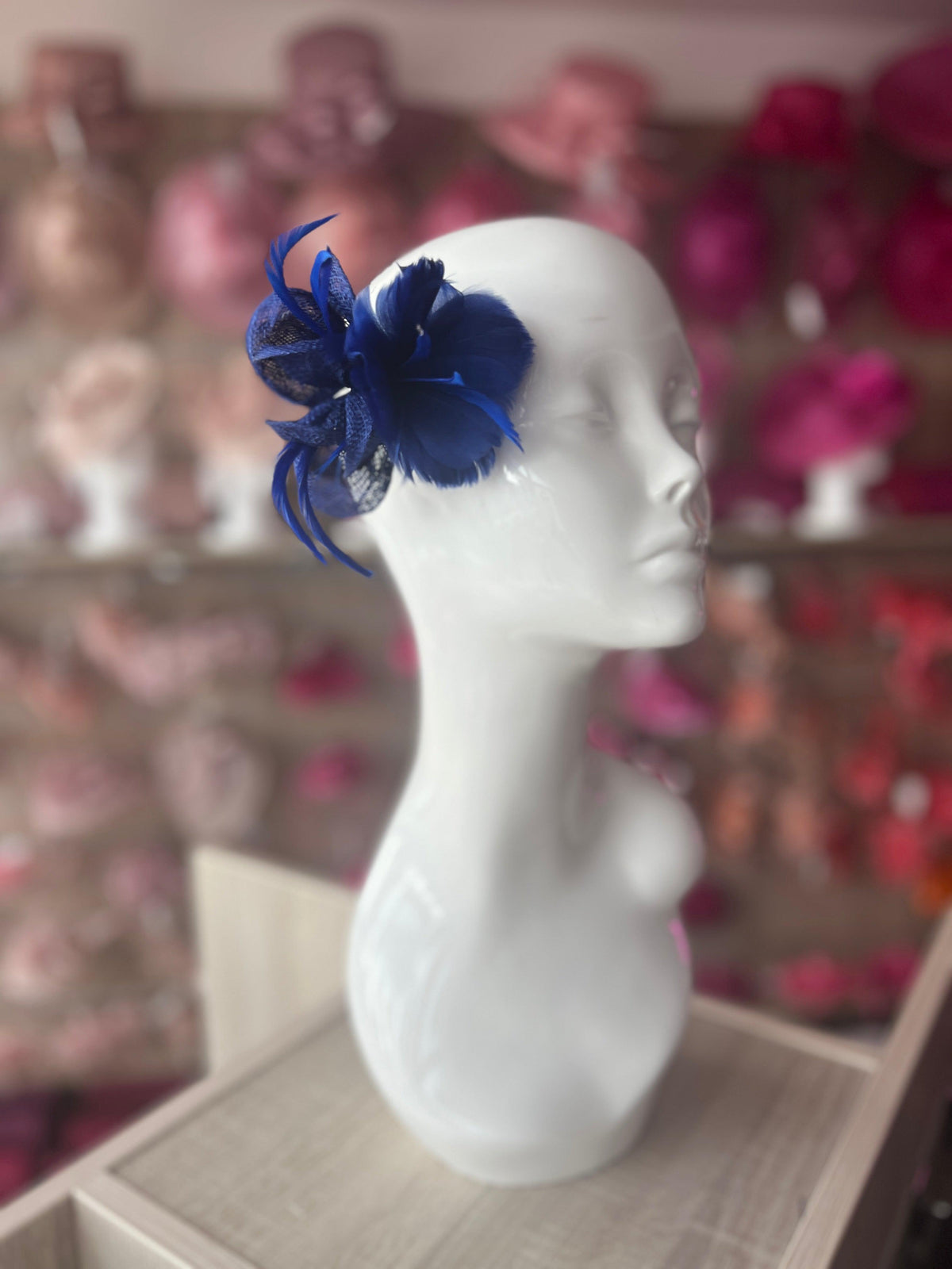 Small Royal Blue Fascinator Clip with Feathers &amp; Sinamay Petals-Fascinators Direct