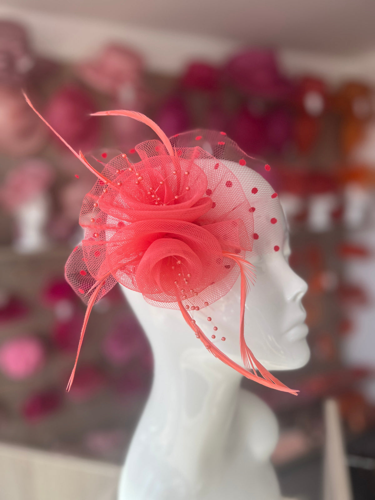 Small Salmon Fascinator Clip With Poka Dots-Fascinators Direct