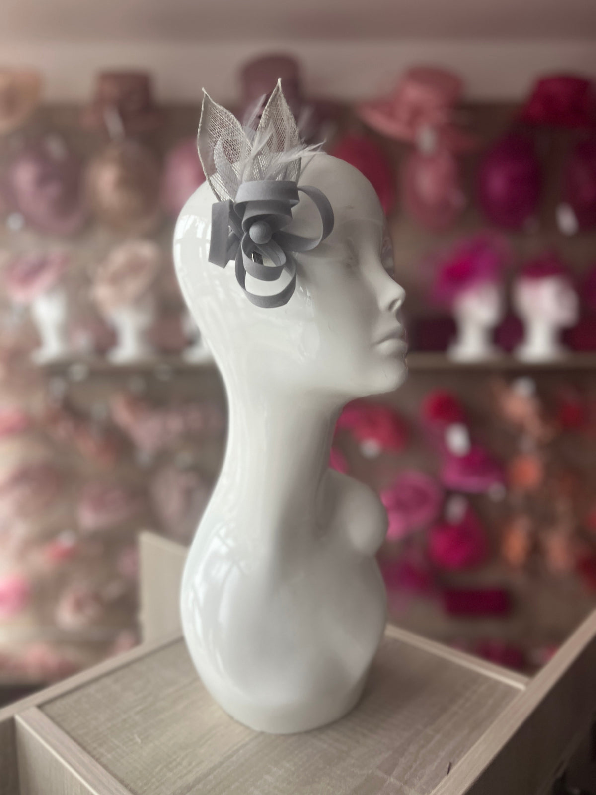 Small Silver Fascinator Clip with Feathers &amp; Satin Loops-Fascinators Direct