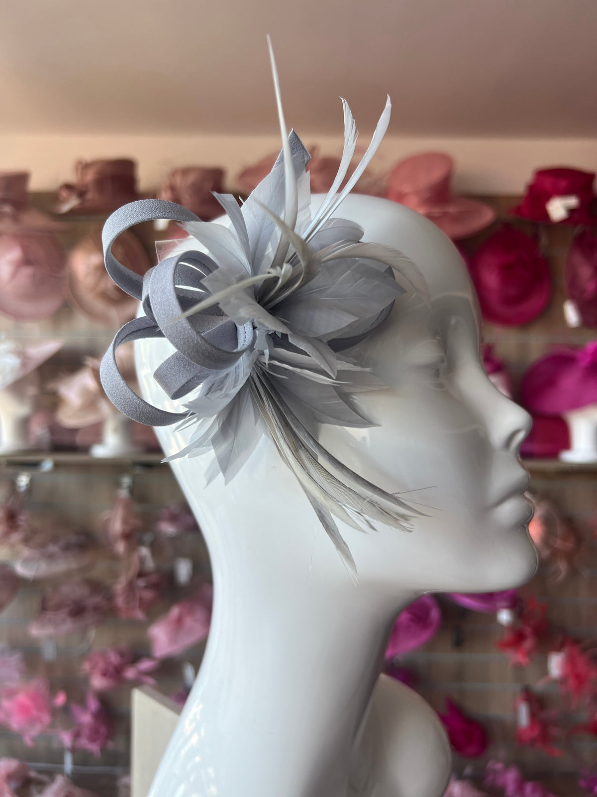 Small Silver Fascinator Clip with Feathers &amp; Satin Loops-Fascinators Direct