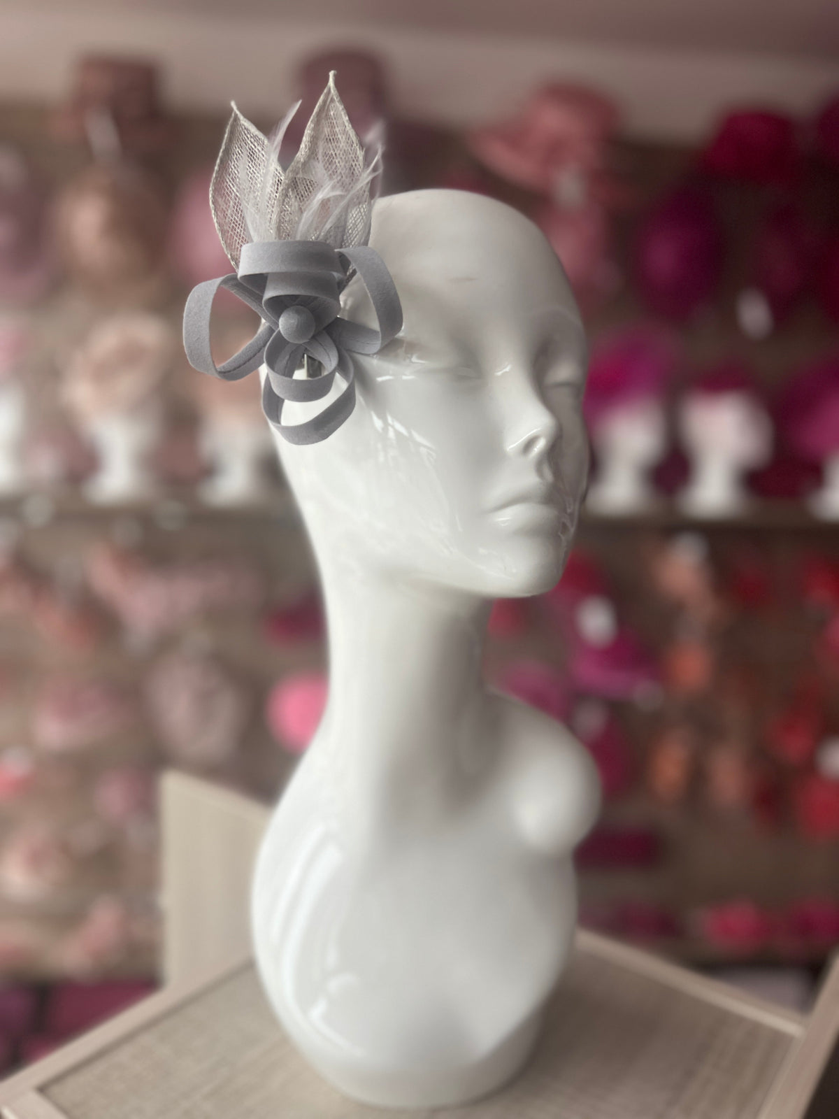 Small Silver Fascinator Clip with Feathers &amp; Satin Loops-Fascinators Direct
