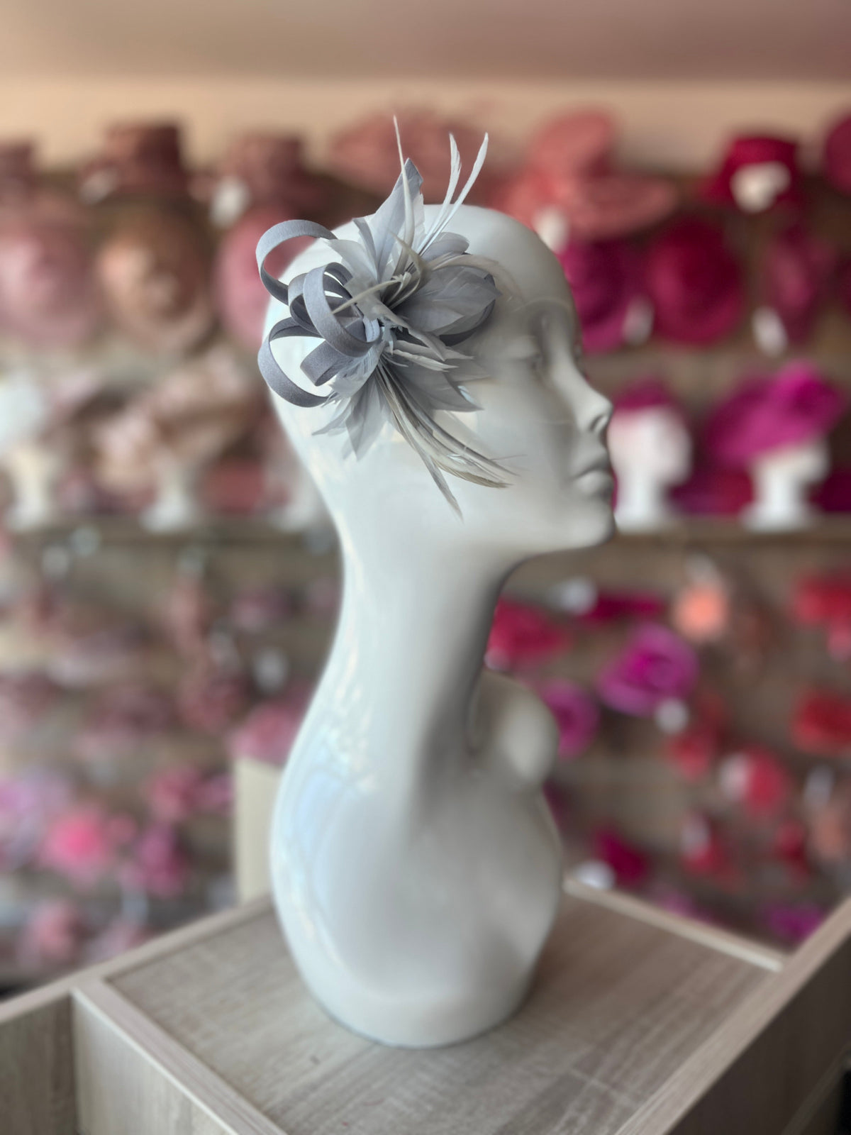 Small Silver Fascinator Clip with Feathers &amp; Satin Loops-Fascinators Direct