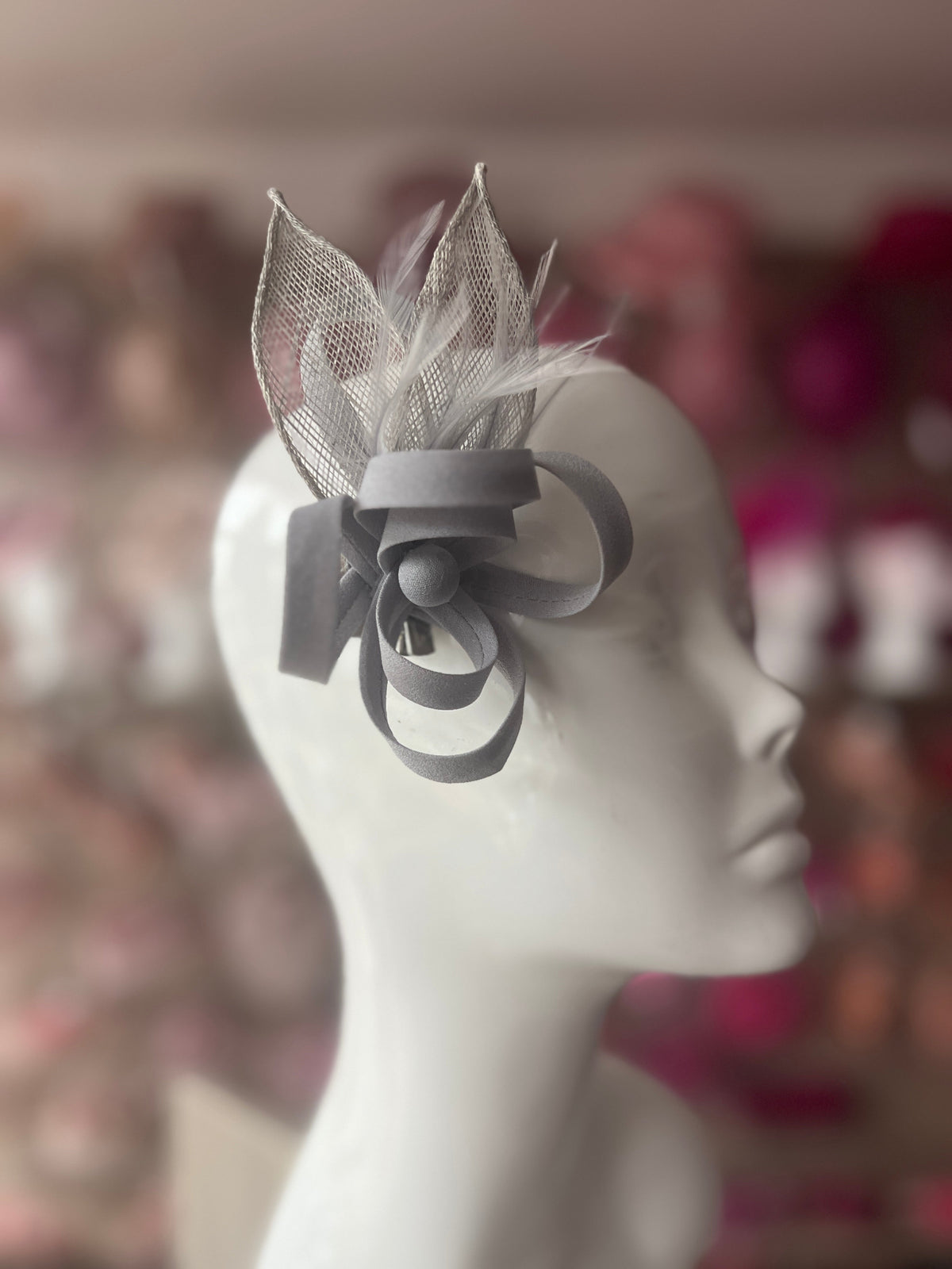 Small Silver Fascinator Clip with Feathers &amp; Satin Loops-Fascinators Direct