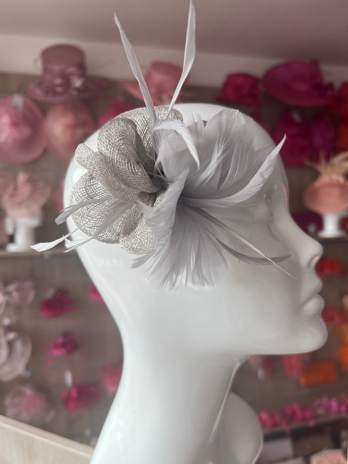 Small Silver Fascinator Clip with Feathers &amp; Sinamay Petals-Fascinators Direct