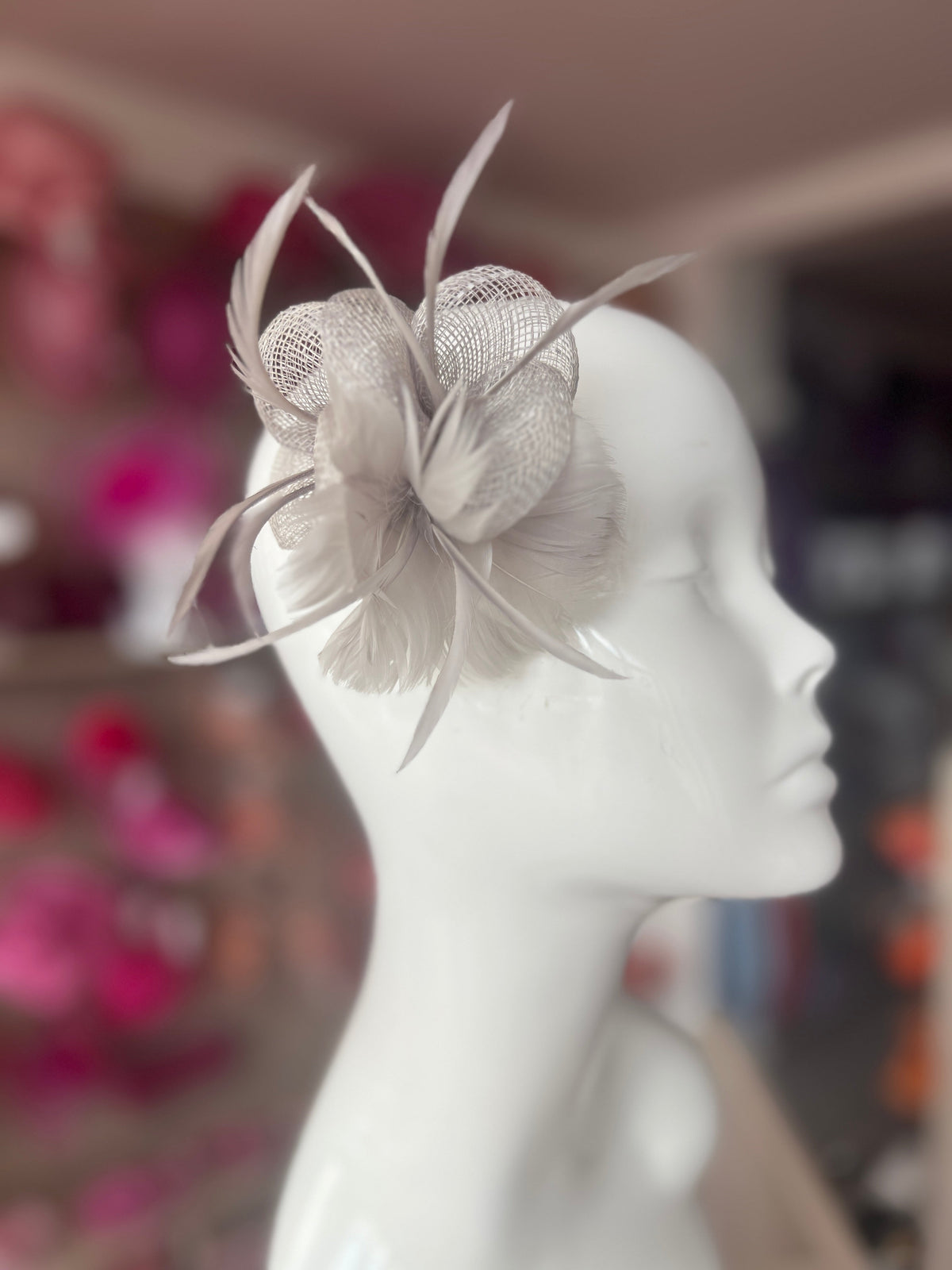 Small Silver Fascinator Clip with Feathers &amp; Sinamay Petals-Fascinators Direct