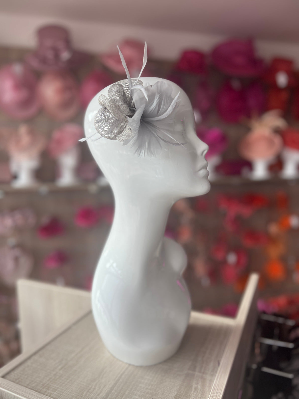 Small Silver Fascinator Clip with Feathers &amp; Sinamay Petals-Fascinators Direct