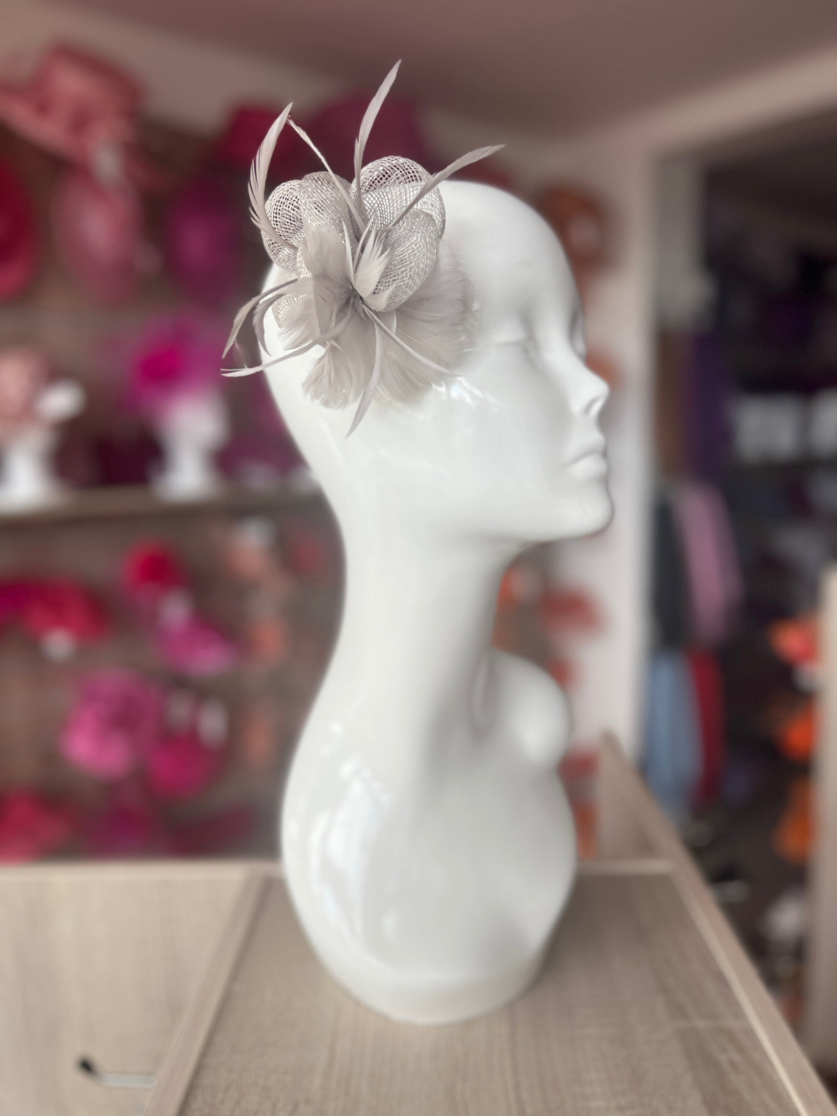 Small Silver Fascinator Clip with Feathers &amp; Sinamay Petals-Fascinators Direct