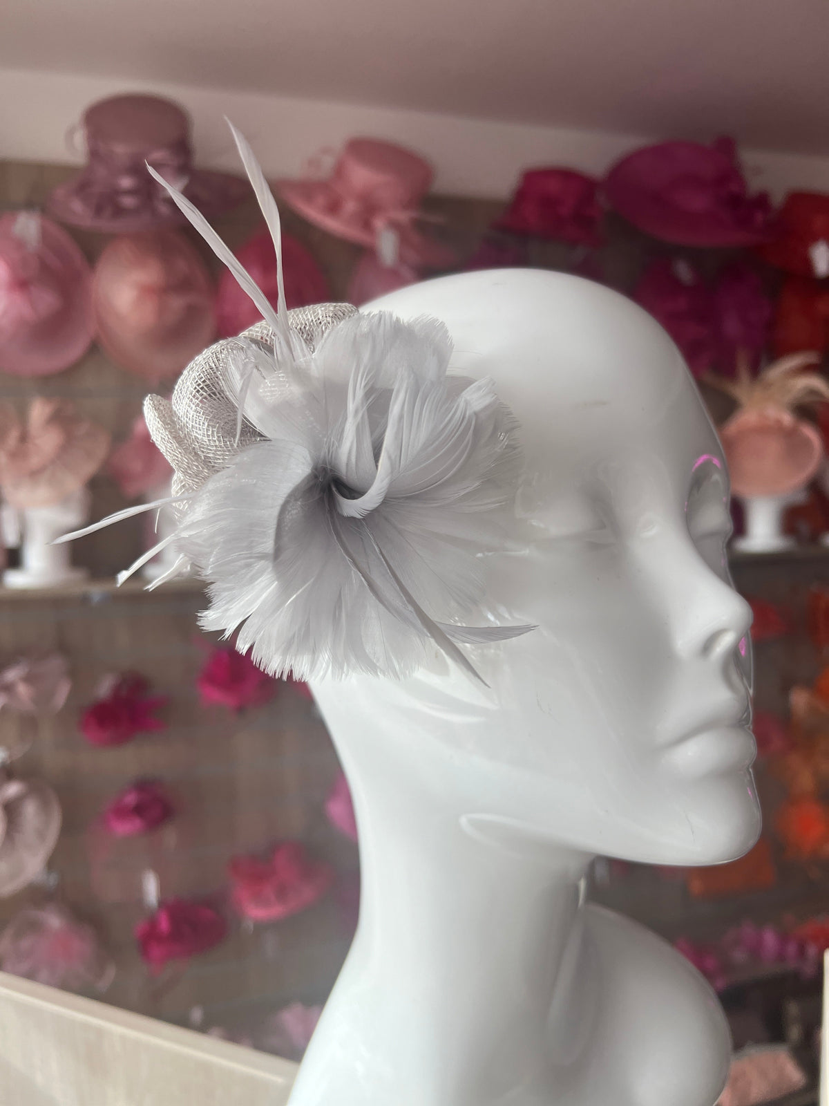 Small Silver Fascinator Clip with Feathers &amp; Sinamay Petals-Fascinators Direct