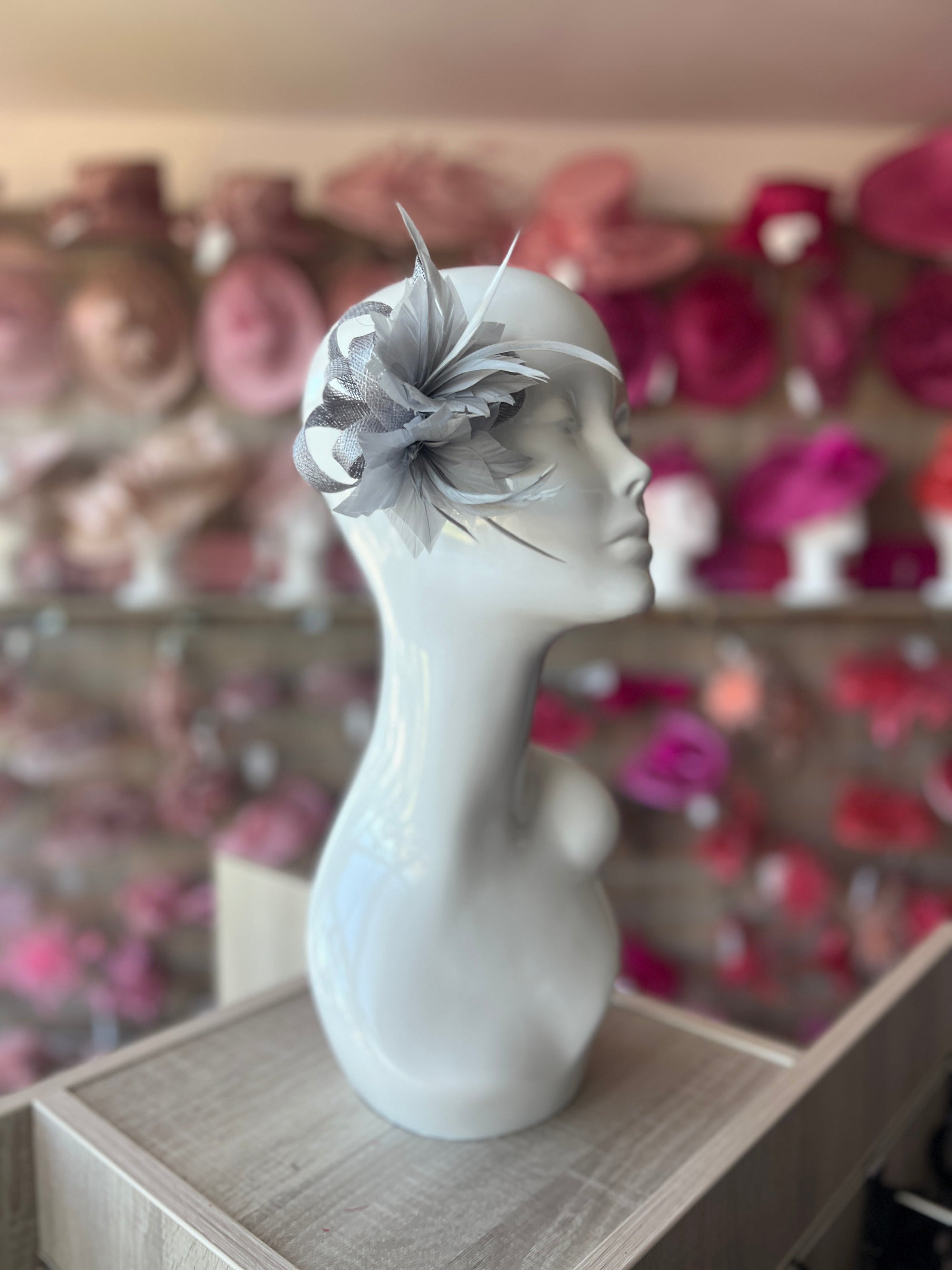 Small Silver Grey Fascinator Clip with Feathers & Sinamay Loops-Fascinators Direct