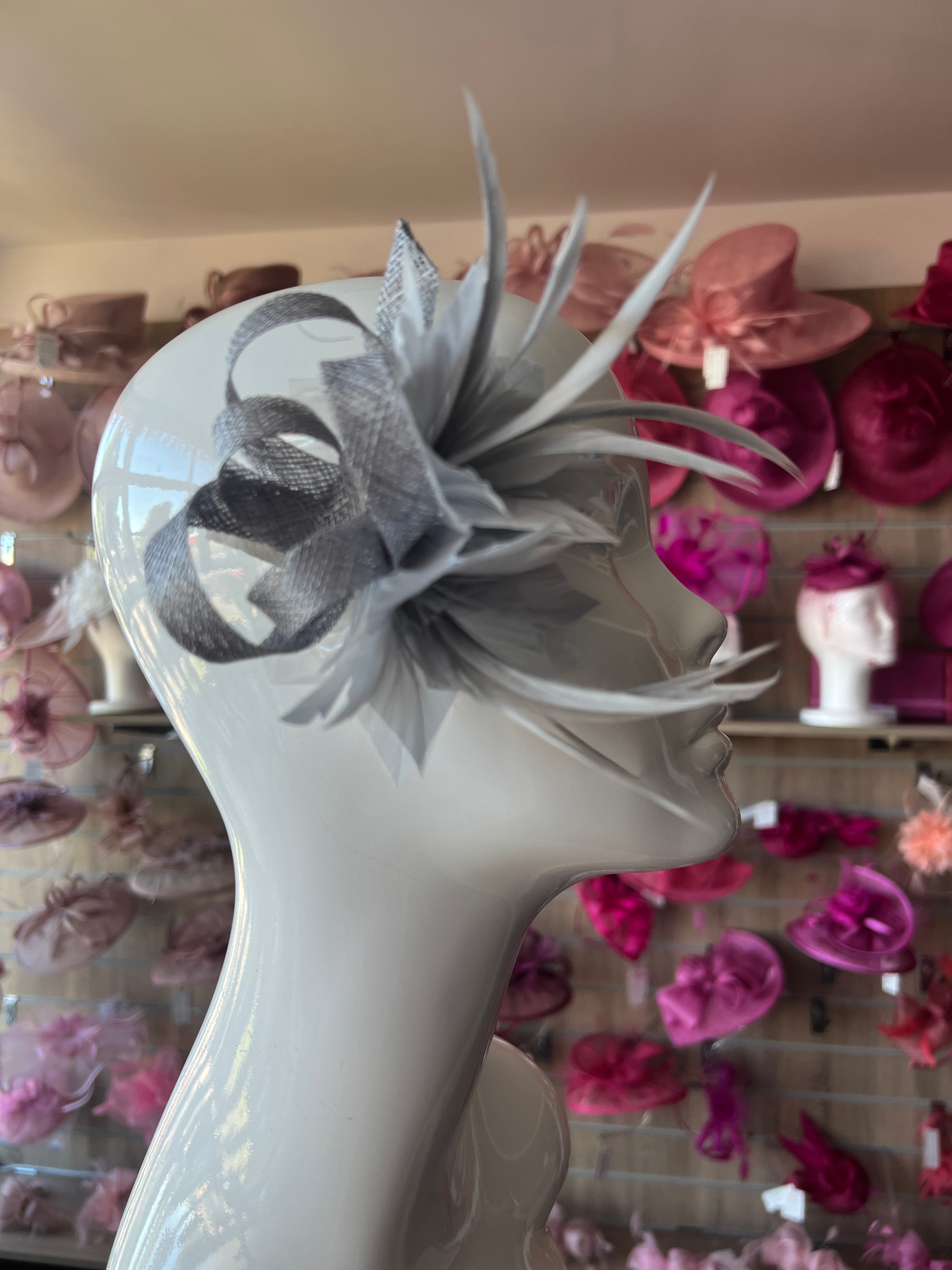 Small Silver Grey Fascinator Clip with Feathers Sinamay Loops