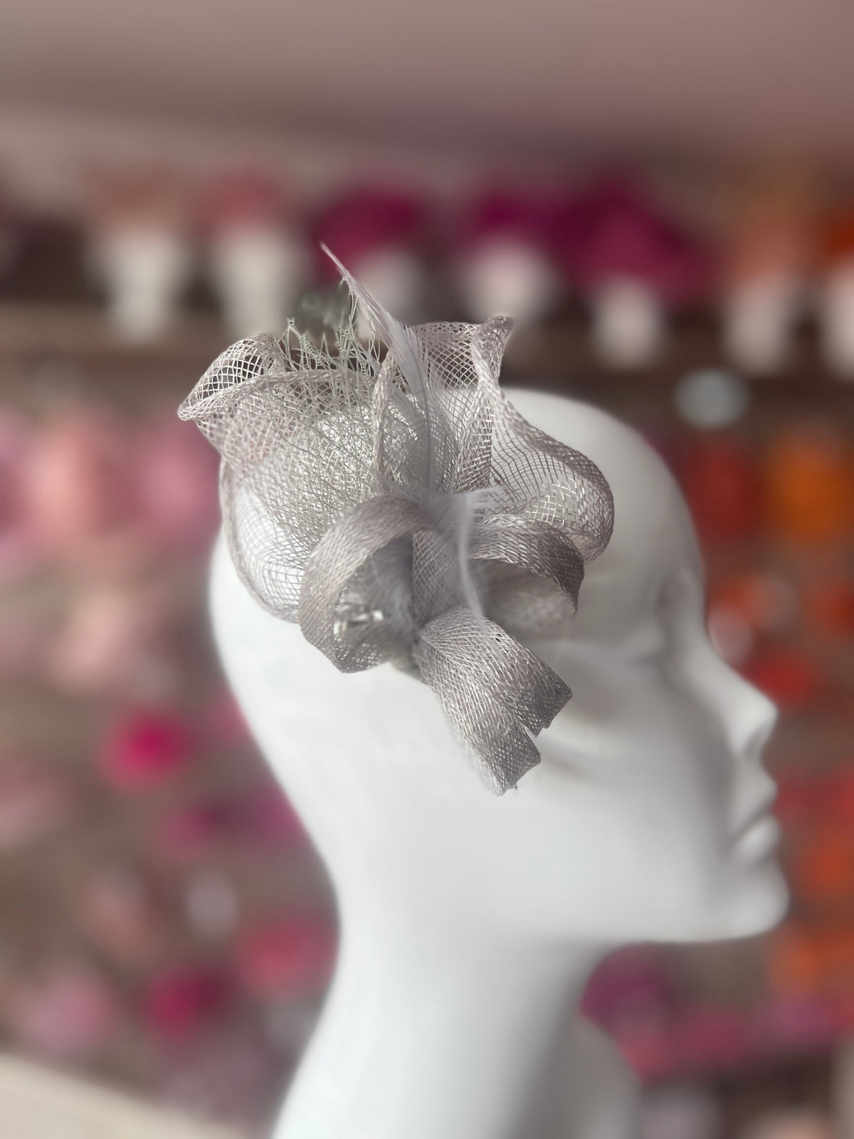 Small Silver Hair Clip Fascinator With Netting &amp; Feathers-Fascinators Direct