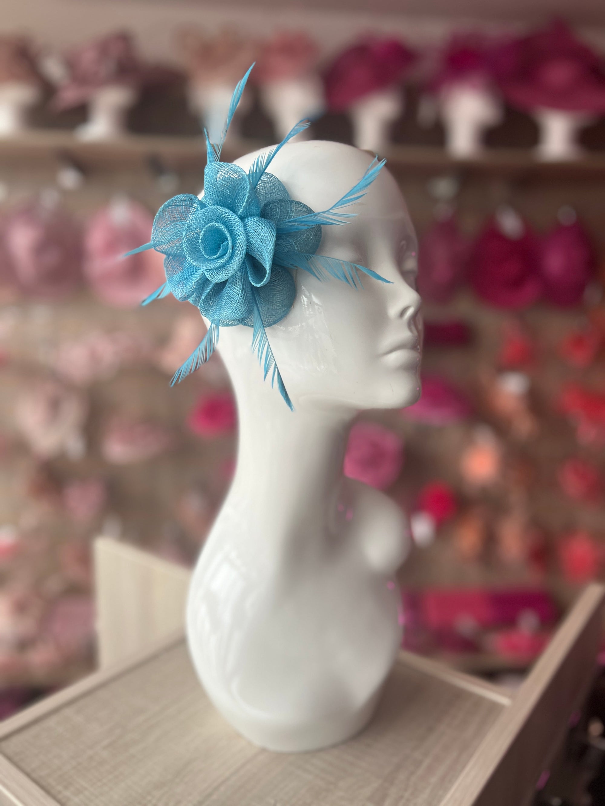 Small Sky Blue Flower Fascinator Hair Clip with Feathers-Fascinators Direct