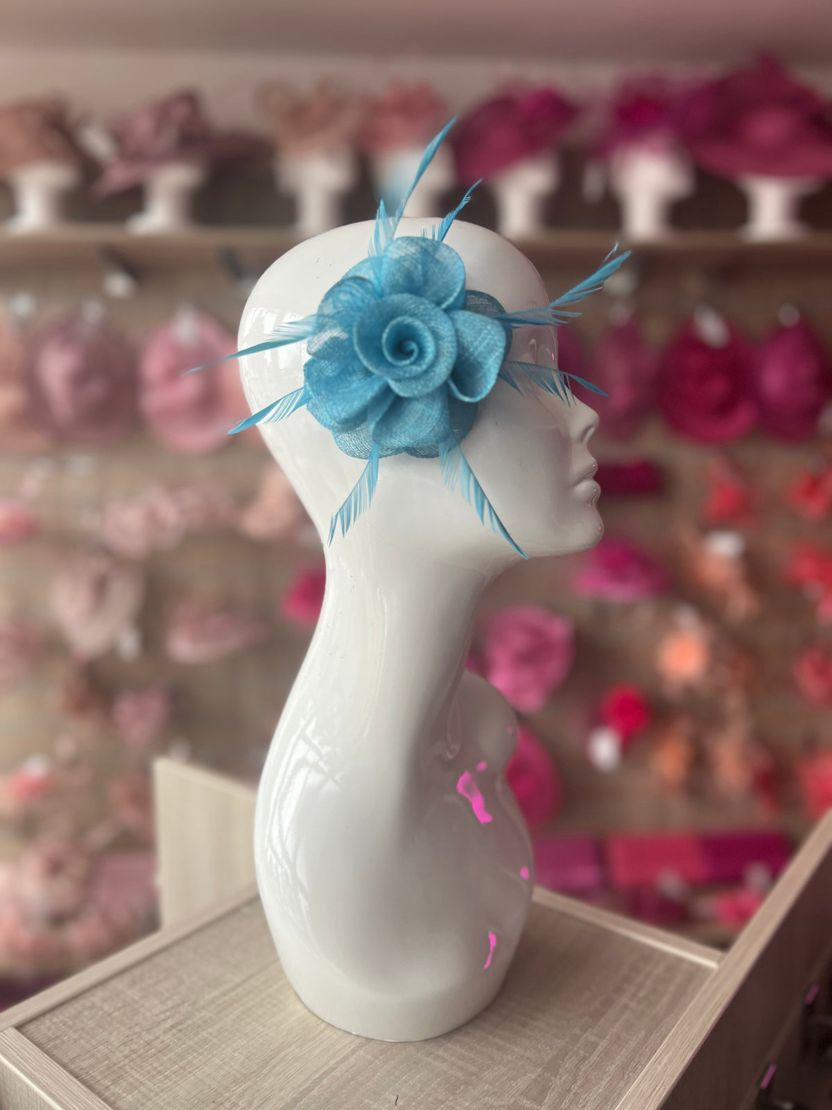 Small Sky Blue Flower Fascinator Hair Clip with Feathers-Fascinators Direct