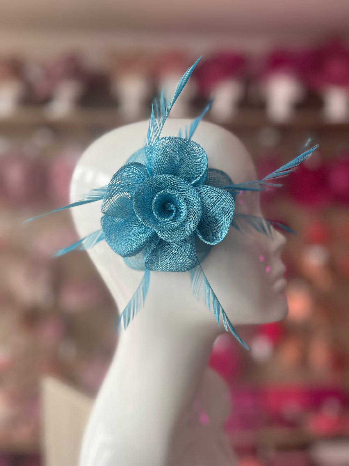 Small Sky Blue Flower Fascinator Hair Clip with Feathers-Fascinators Direct