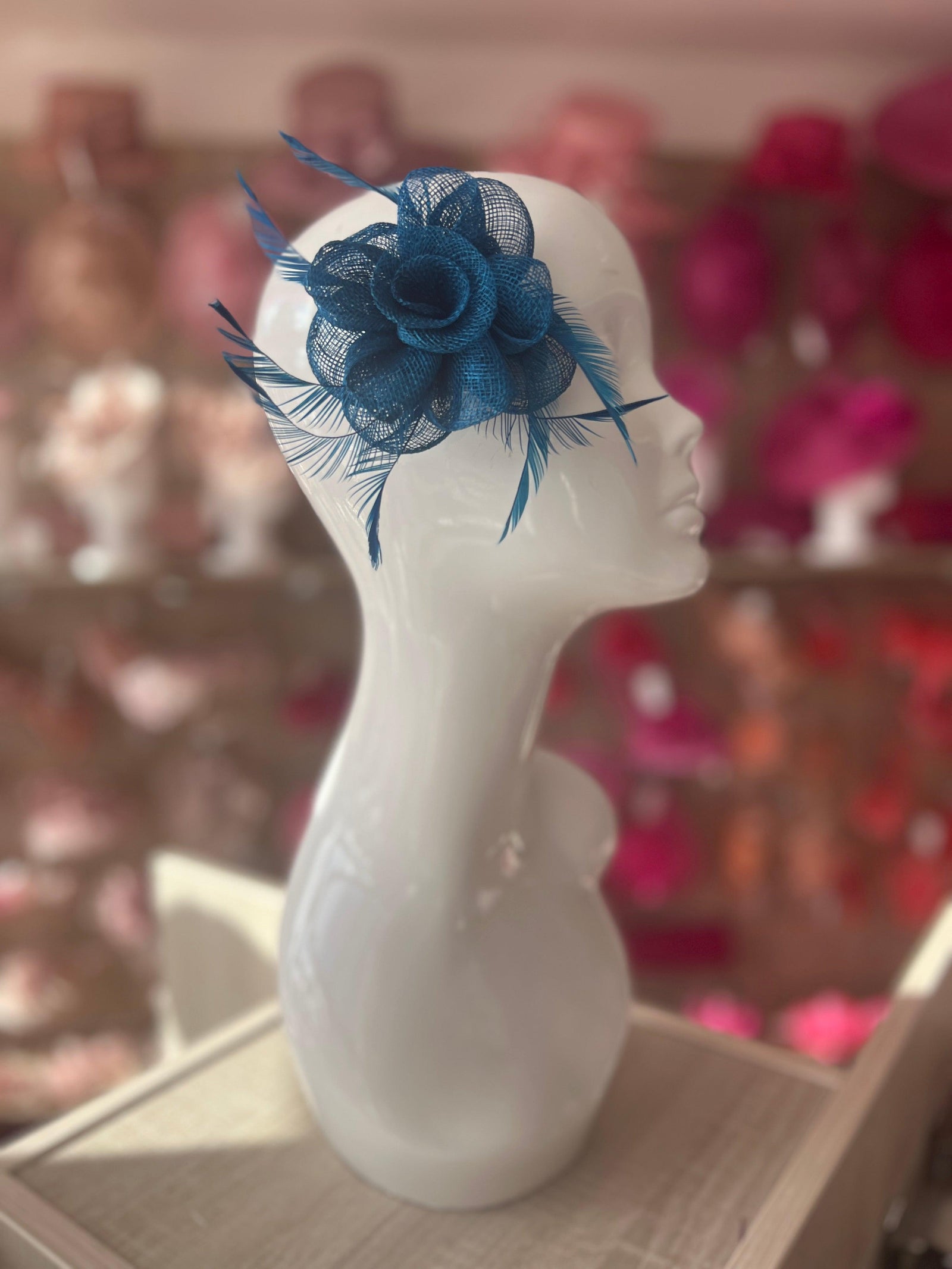 Small Teal Blue Flower Fascinator Hair Clip with Feathers-Fascinators Direct