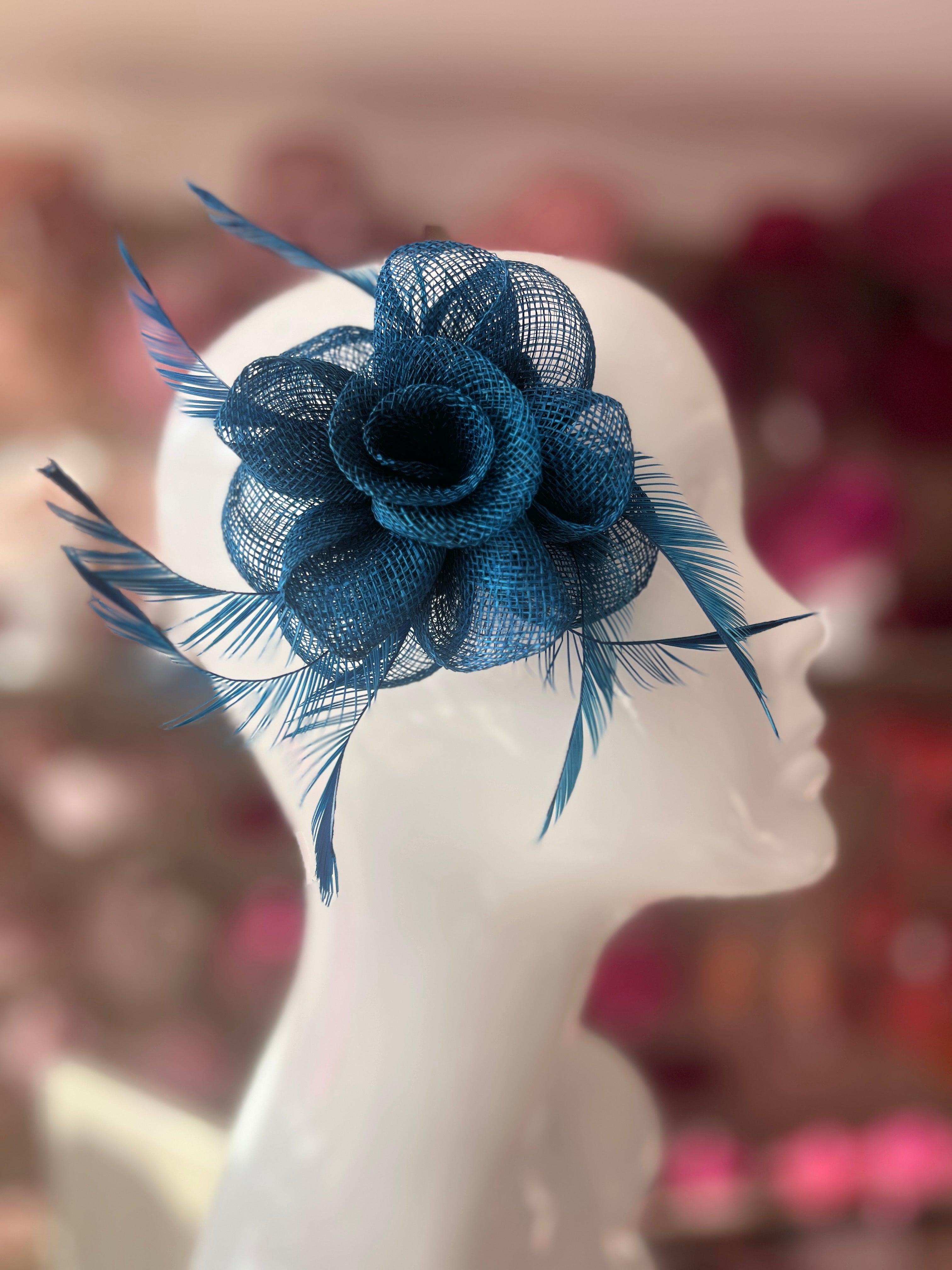 Small Teal Blue Flower Fascinator Hair Clip with Feathers