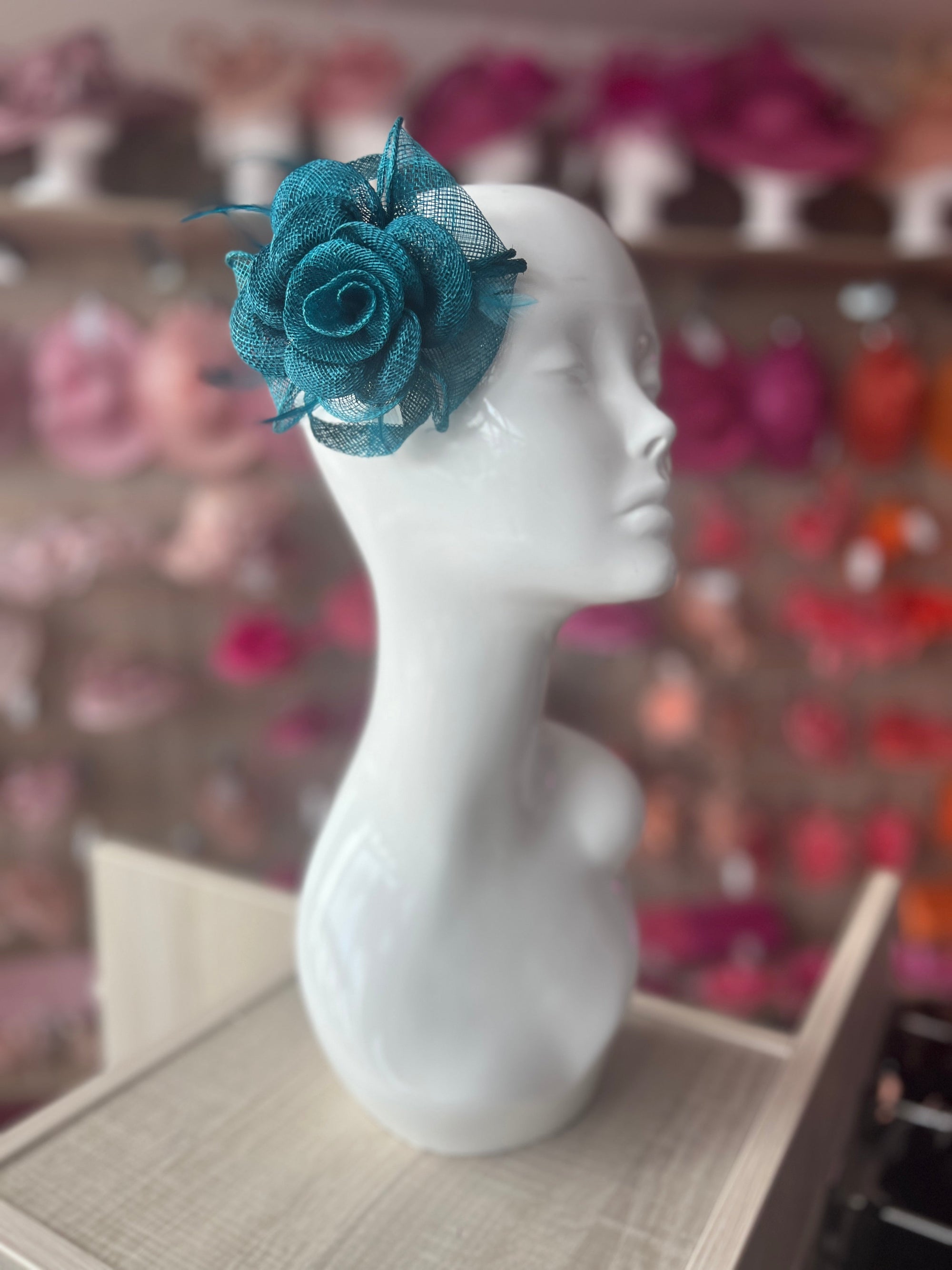 Small Teal Fascinator Clip with Bow & Flower-Fascinators Direct