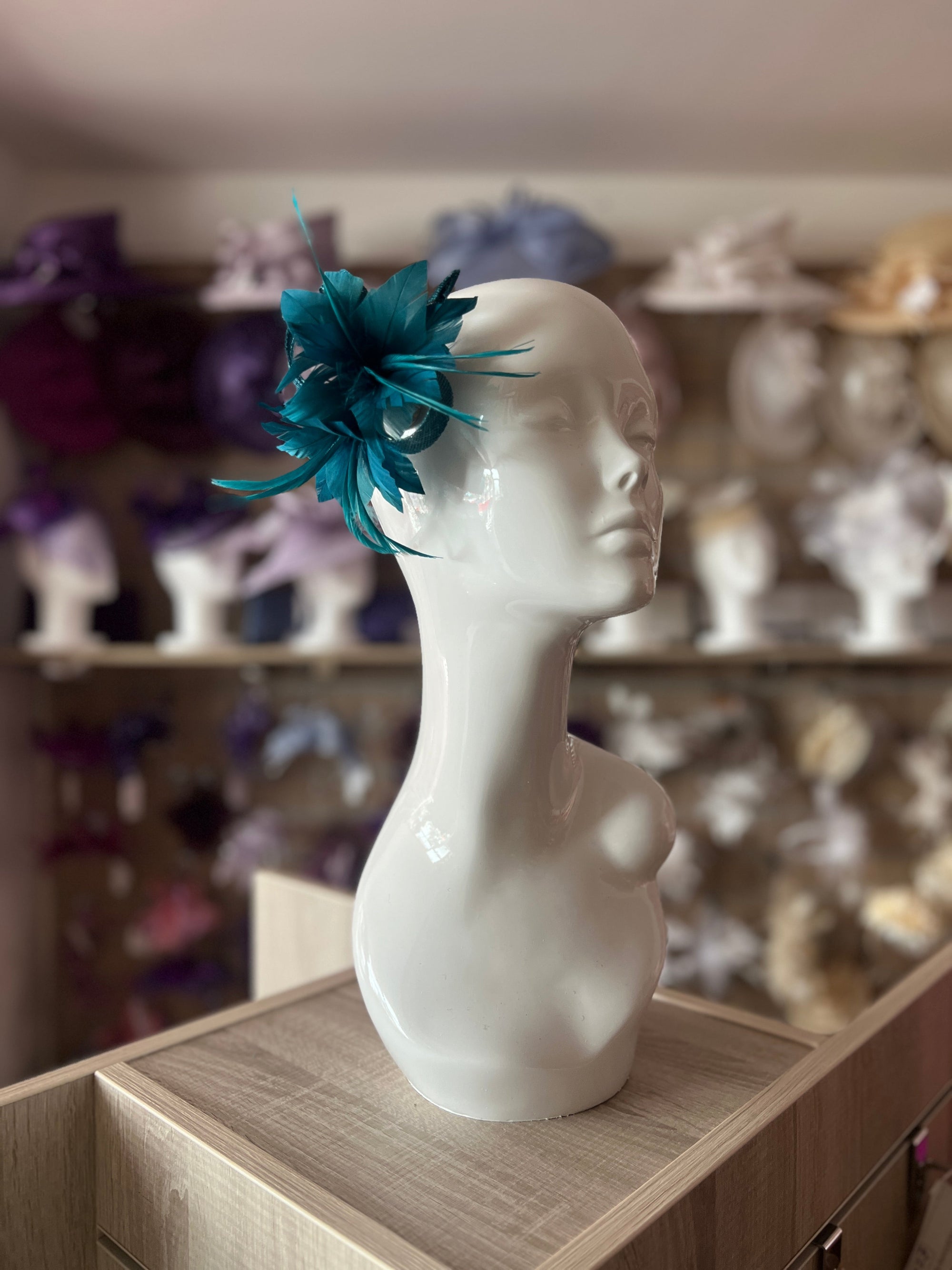 Small Teal Fascinator Clip with Feathers & Sinamay Loops-Fascinators Direct