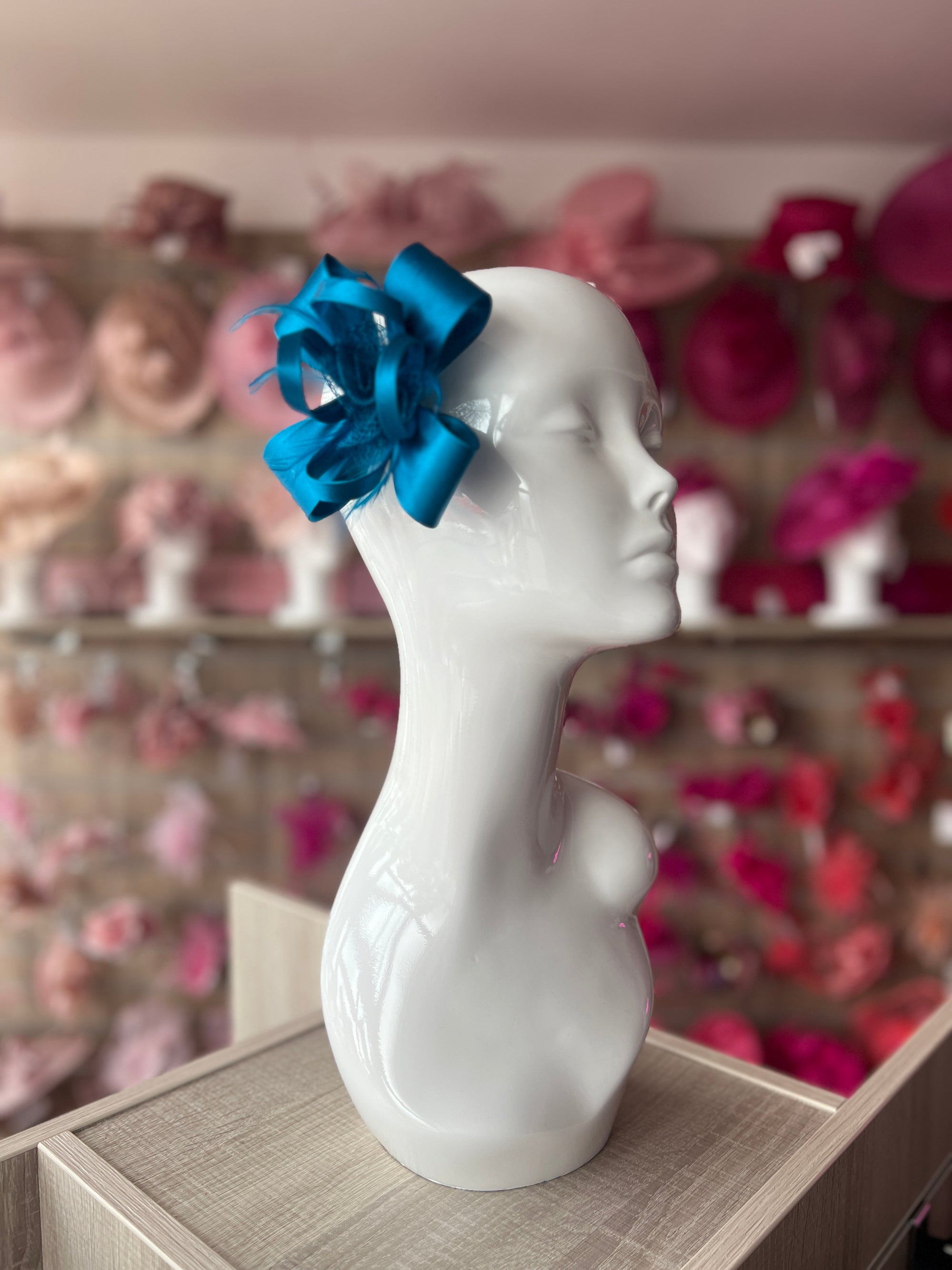 Small Teal Fascinator Hair Clip with Satin Loops & Feathers-Fascinators Direct