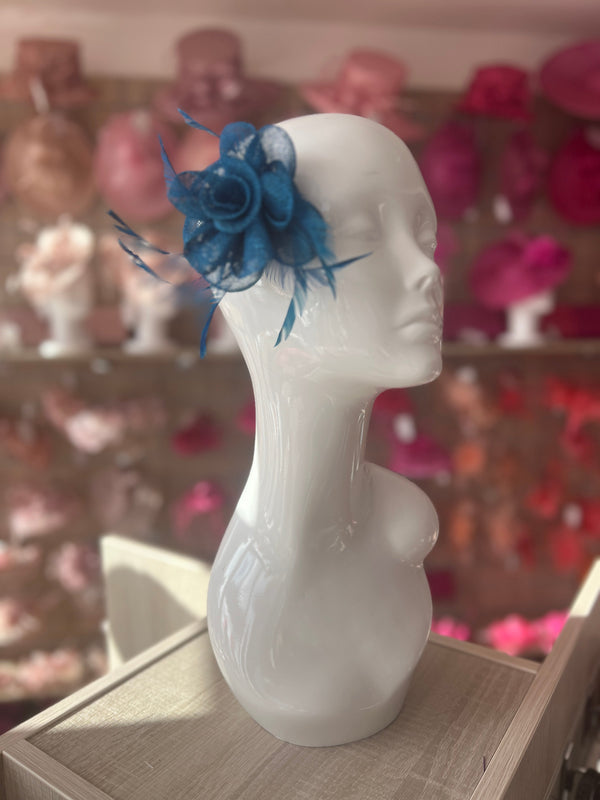 Small Teal Flower Fascinator Hair Clip with Feathers