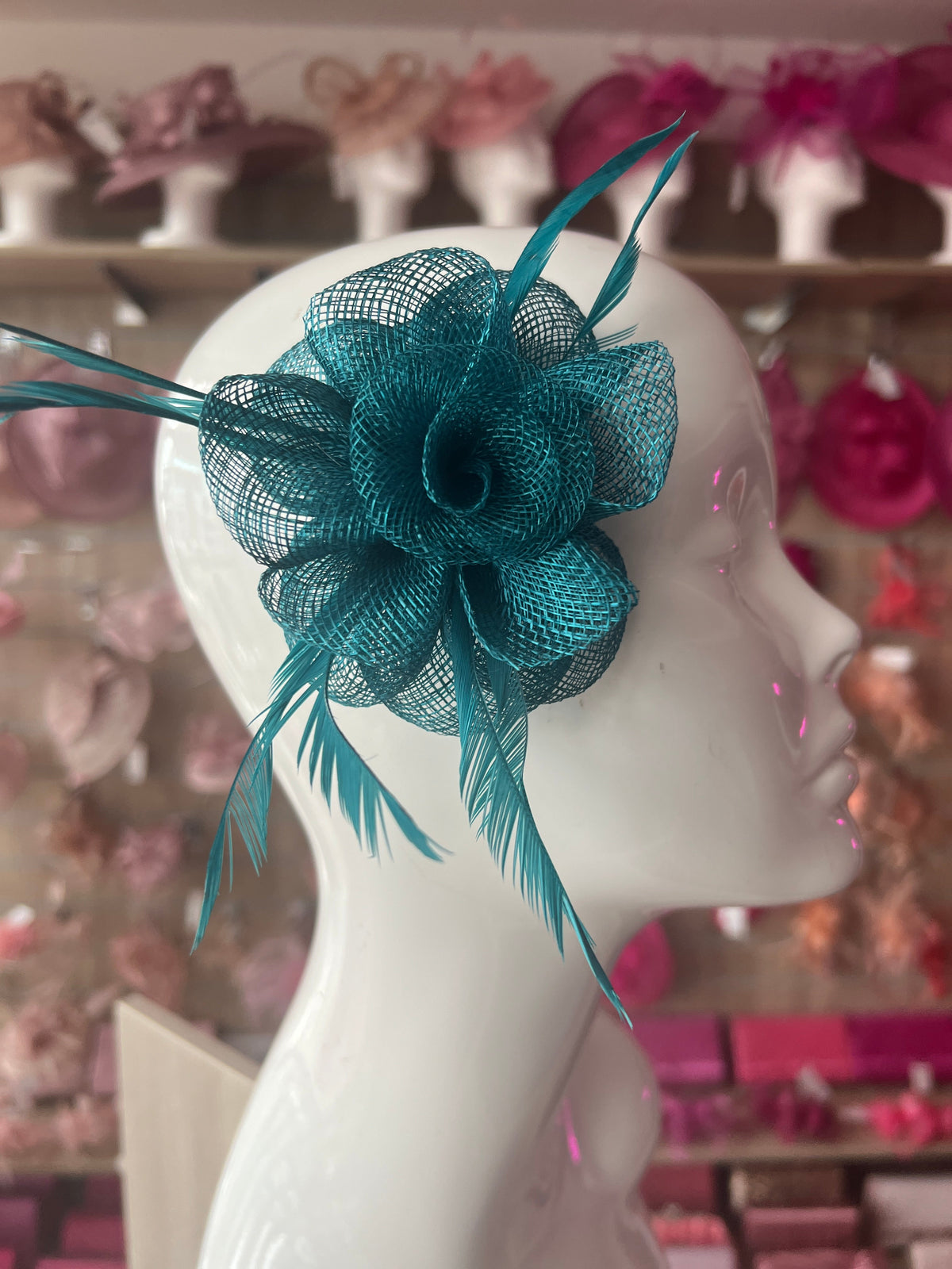 Small Teal Flower Fascinator Hair Clip with Feathers-Fascinators Direct