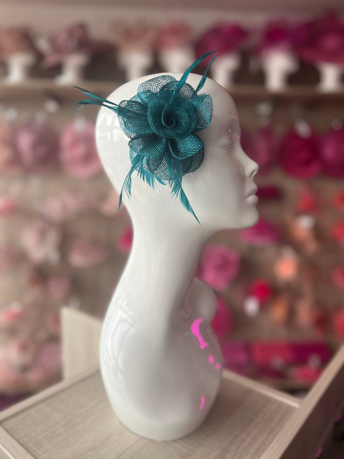 Small Teal Flower Fascinator Hair Clip with Feathers-Fascinators Direct