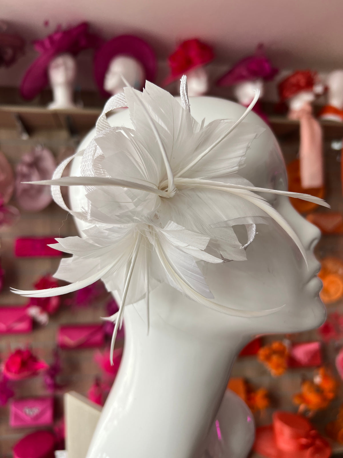 Small White Fascinator Clip with Feathers and Sinamay Loops-Fascinators Direct