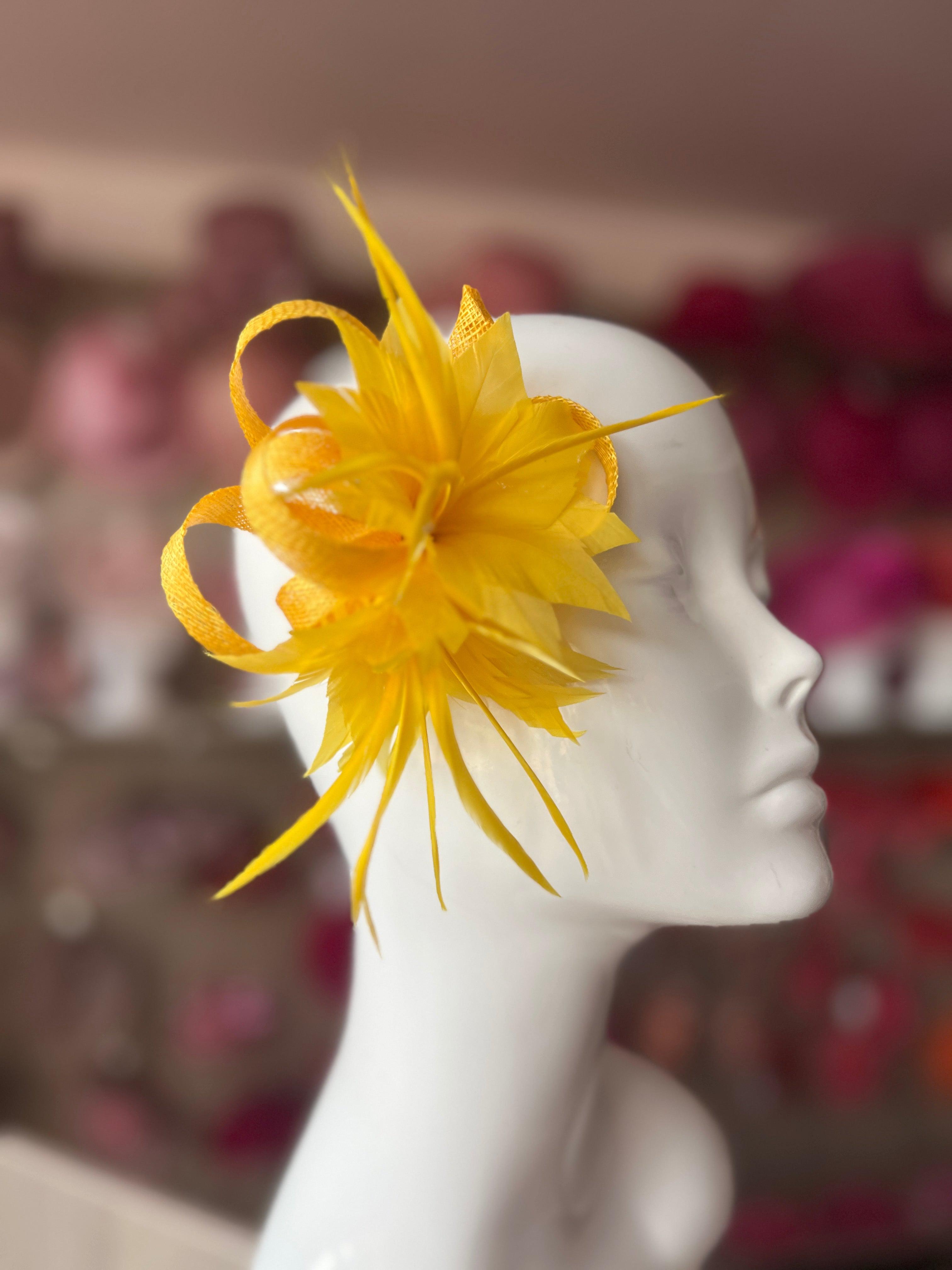 Small Yellow Fascinator Clip with Feathers & Sinamay Loops display picture 2