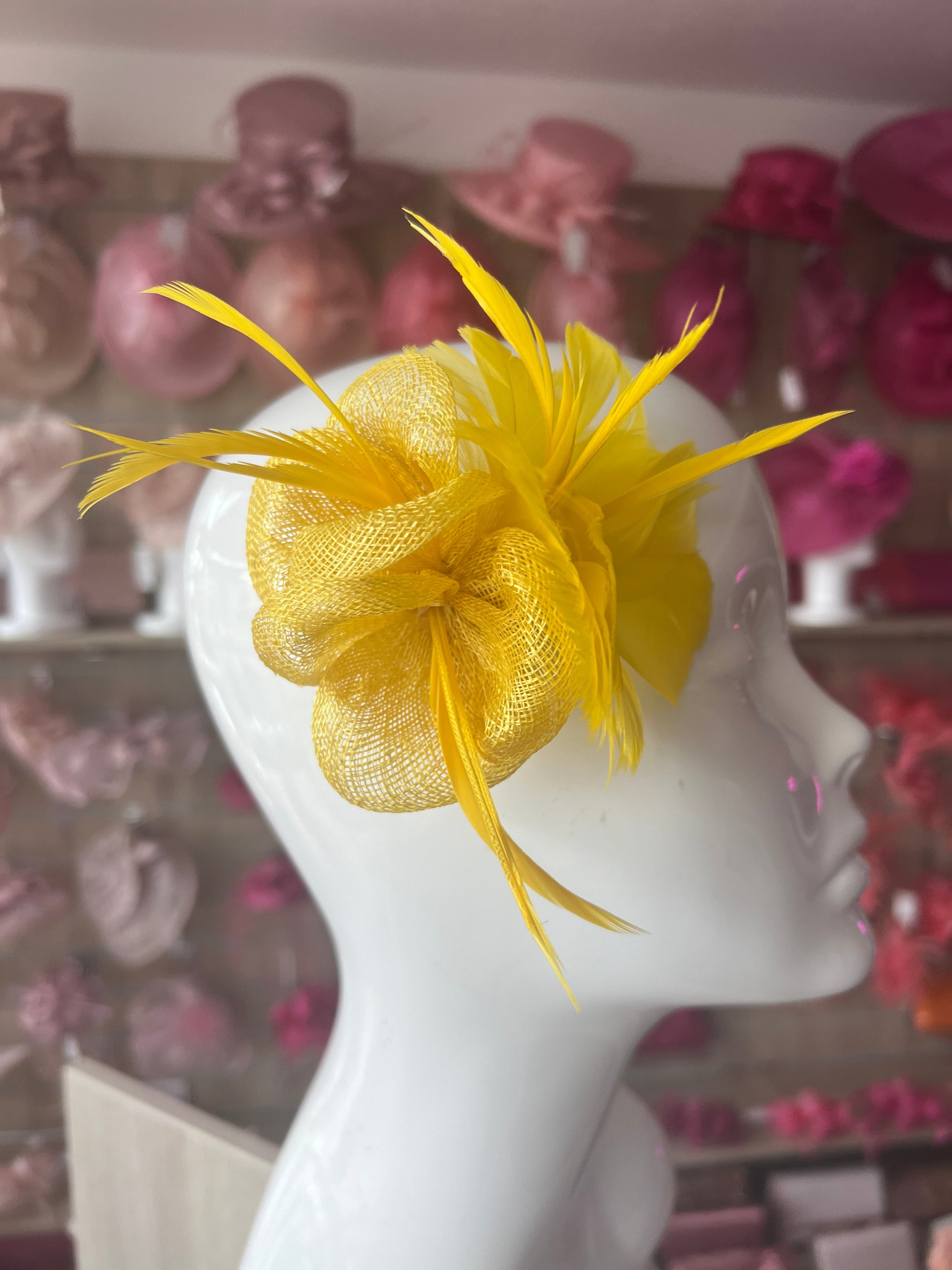 Small Yellow Fascinator Clip with Feathers & Sinamay Petals-Fascinators Direct