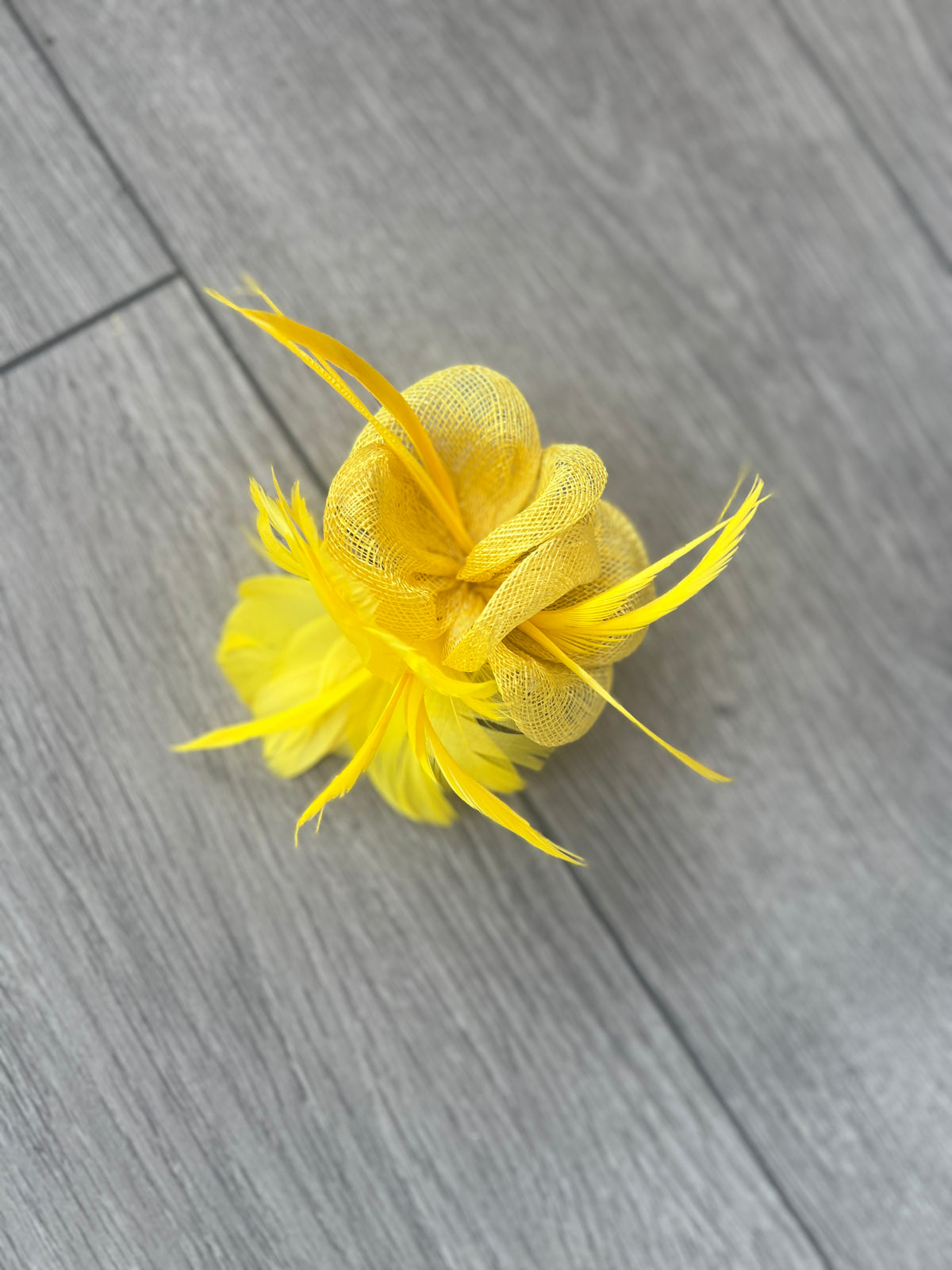 Small Yellow Fascinator Clip with Feathers &amp; Sinamay Petals-Fascinators Direct