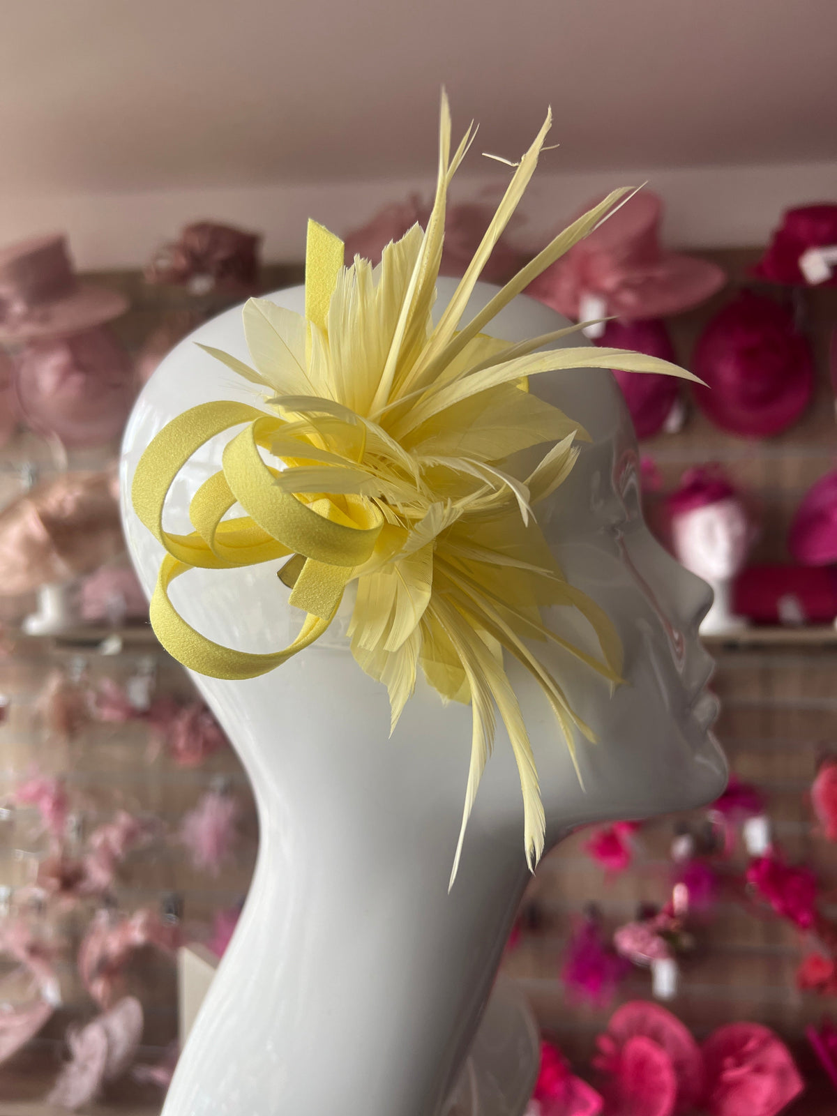 Small Yellow Lemon Fascinator Clip with Feathers &amp; Satin Loops-Fascinators Direct