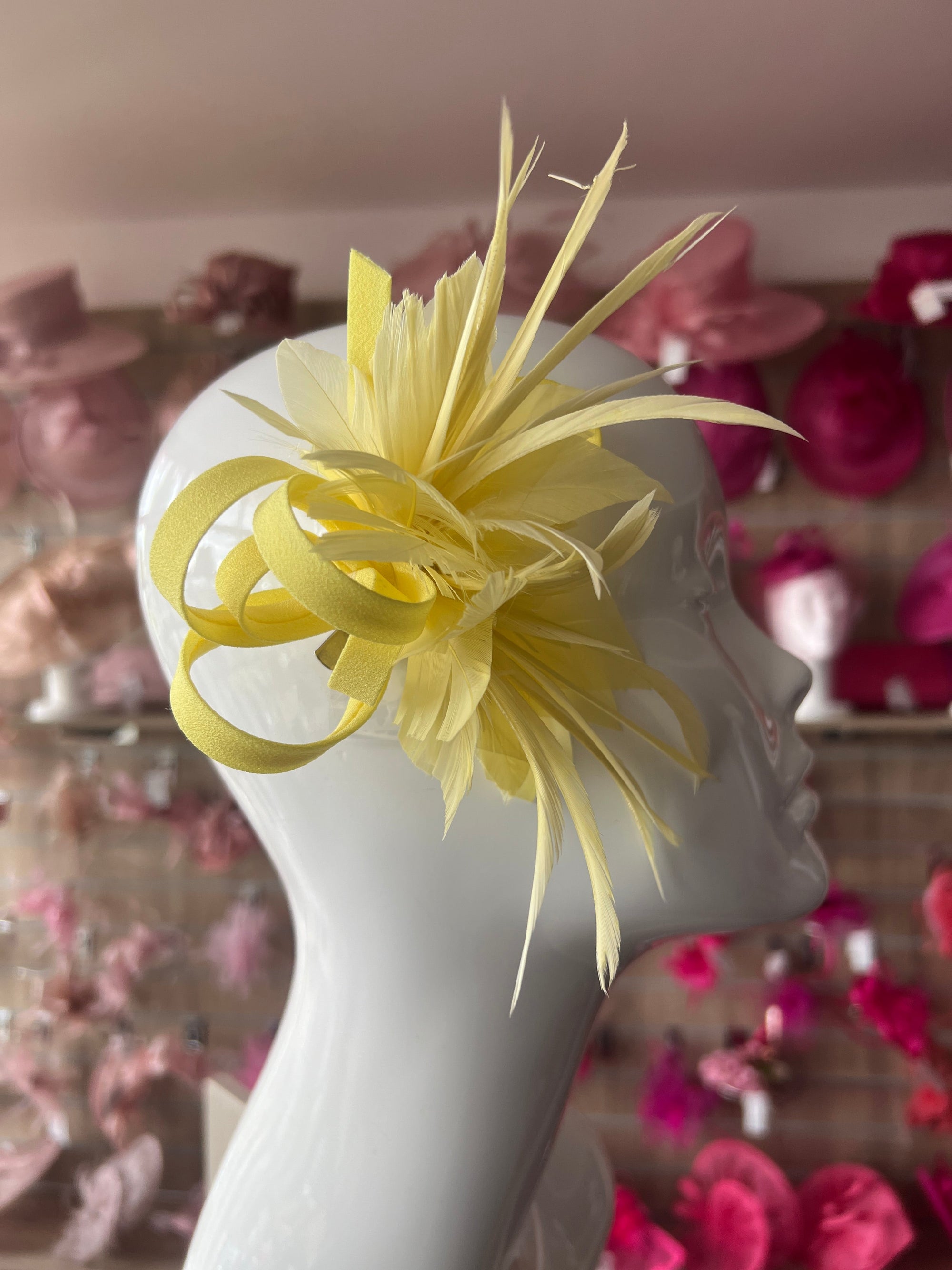 Small Yellow Lemon Fascinator Clip with Feathers & Satin Loops-Fascinators Direct