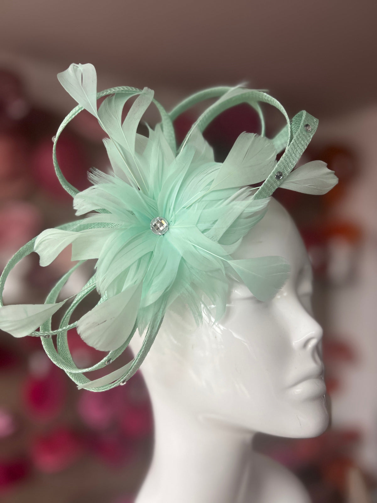 Spearmint Fascinator With Diamanté Loops &amp; Flower-Fascinators Direct