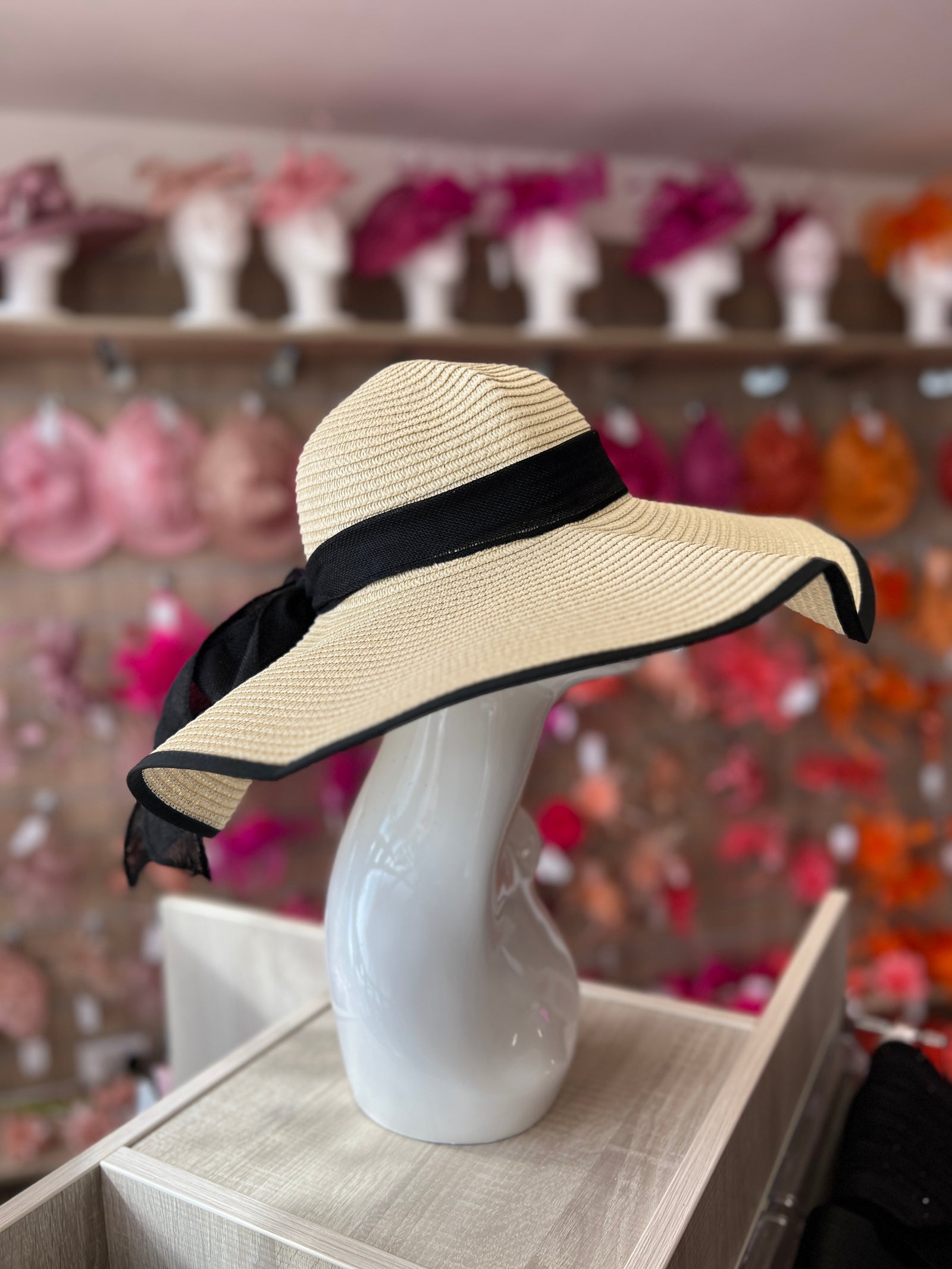 Summer Straw Floppy Hat Beige & Black-Fascinators Direct