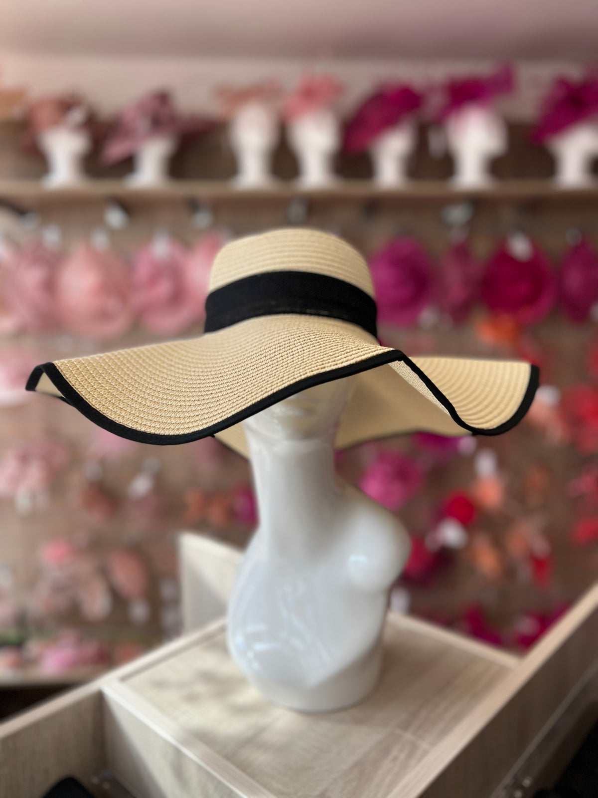 Summer Straw Floppy Hat Beige &amp; Black-Fascinators Direct