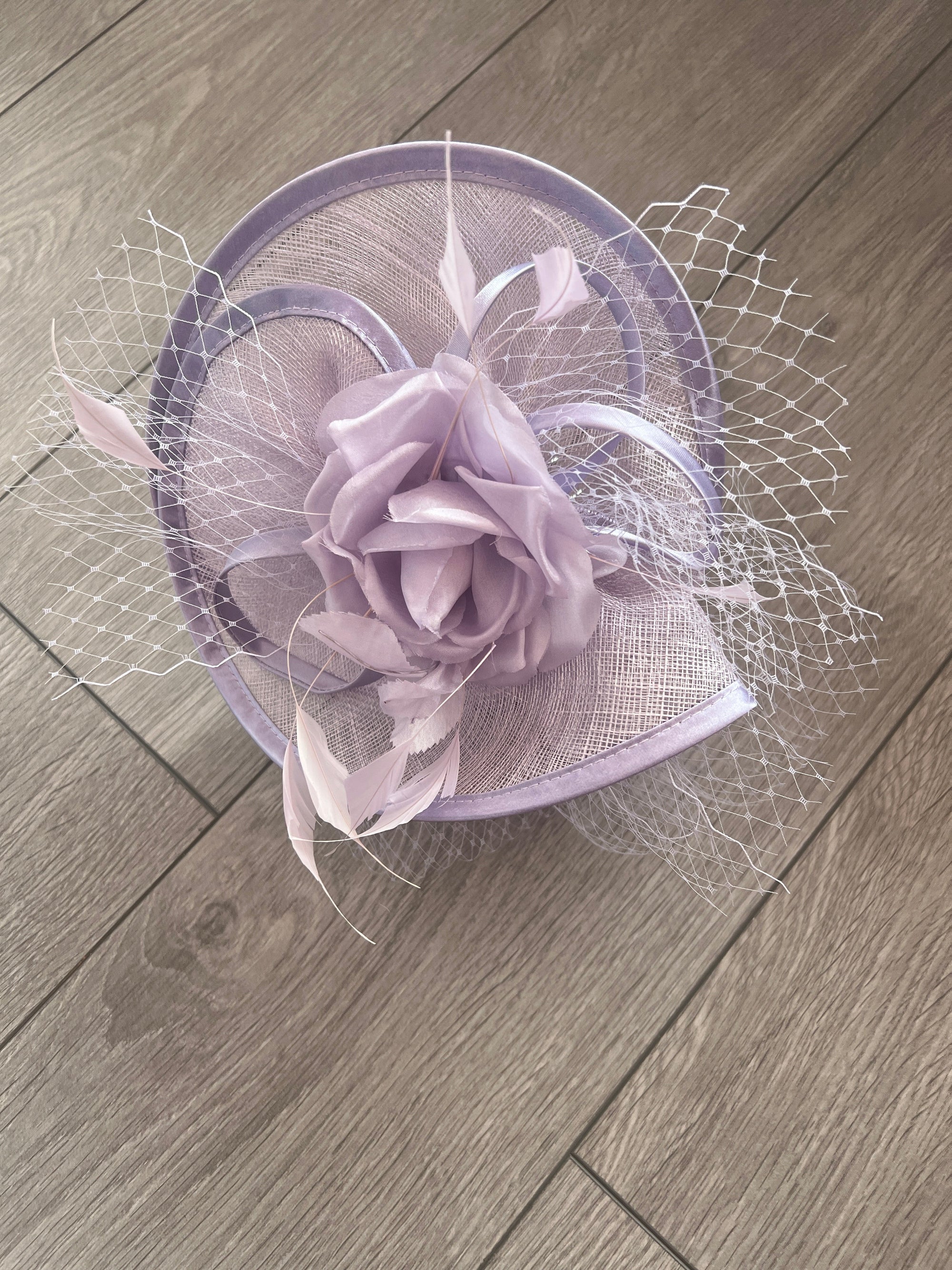 Sweet Lavender Disc Fascinator with Fabric Rose & Netting-Fascinators Direct