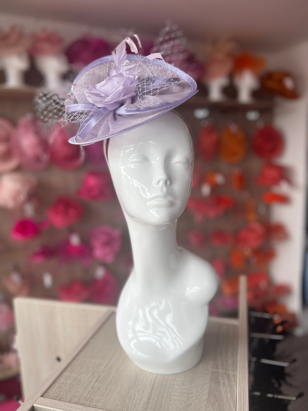 Sweet Lavender Disc Fascinator with Fabric Rose &amp; Netting-Fascinators Direct