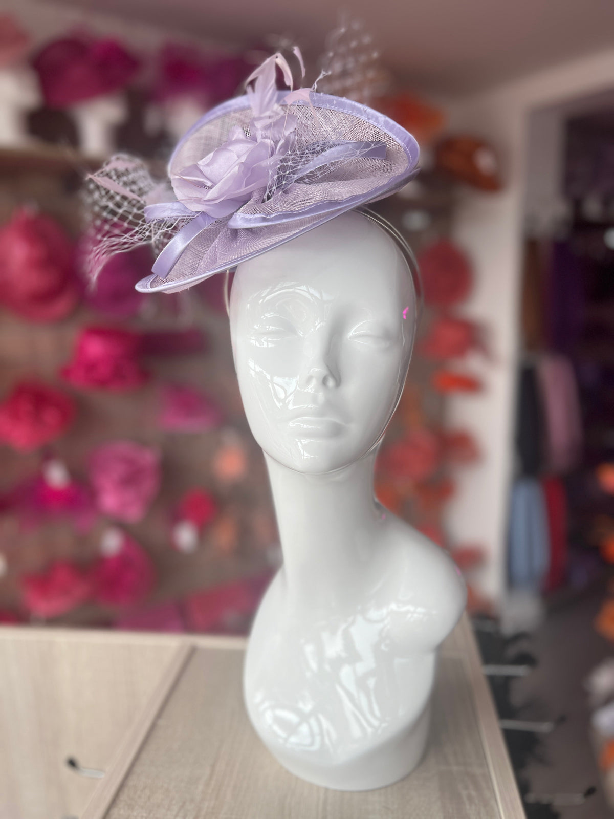 Sweet Lavender Disc Fascinator with Fabric Rose &amp; Netting-Fascinators Direct