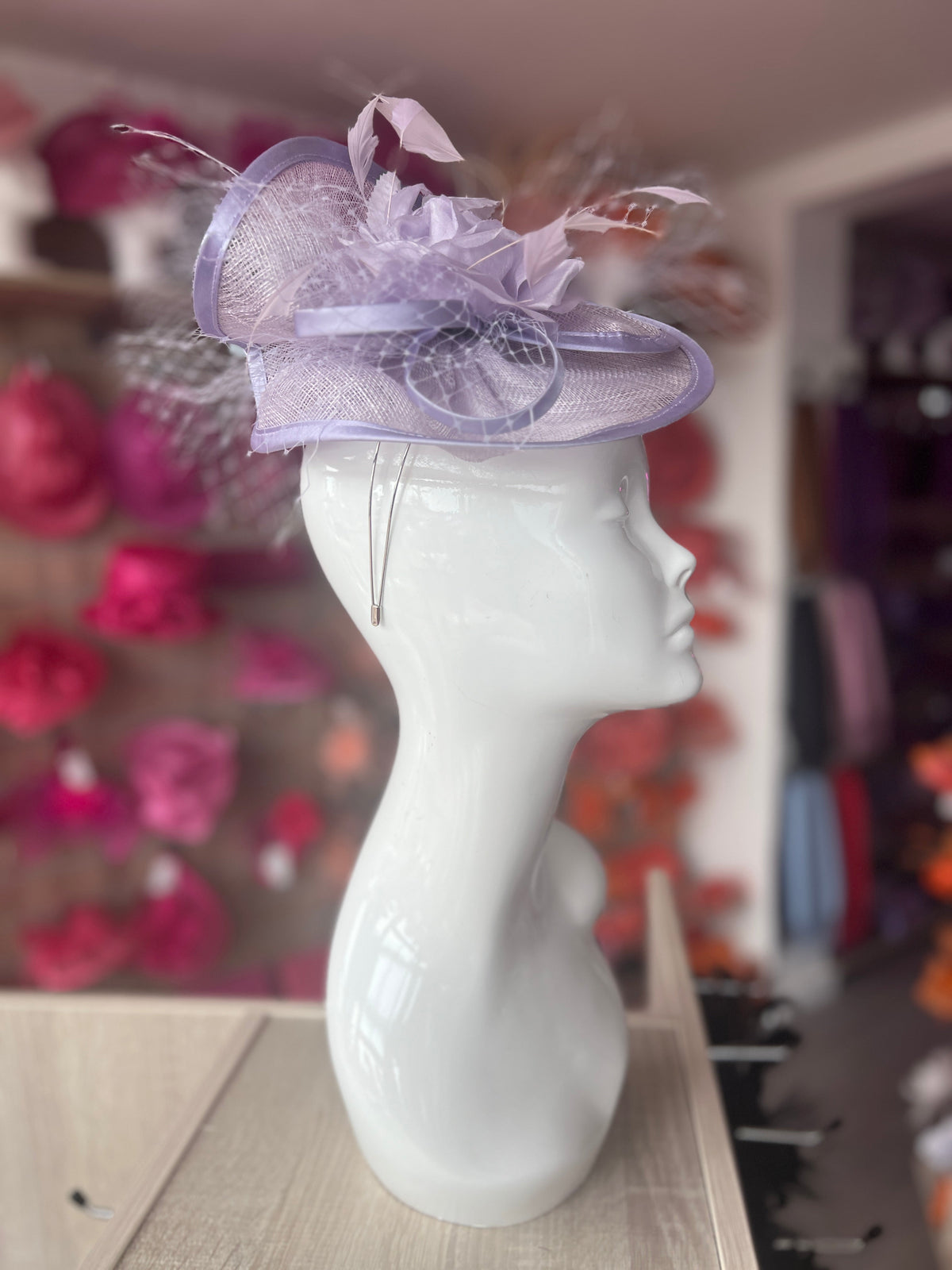 Sweet Lavender Disc Fascinator with Fabric Rose &amp; Netting-Fascinators Direct