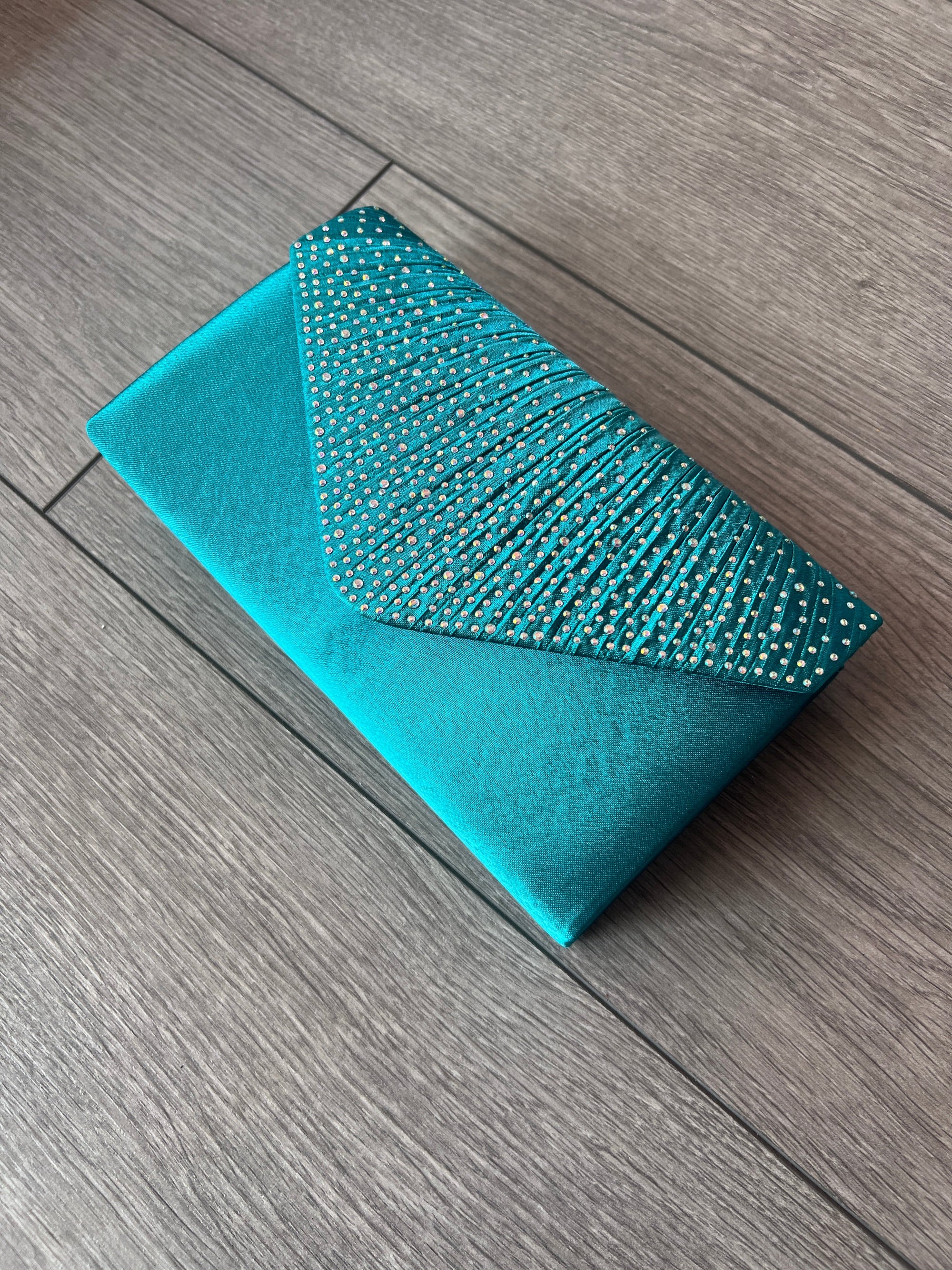 TEAL ENVELOPE CLUTCH BAG WITH RHINESTONES-Fascinators Direct