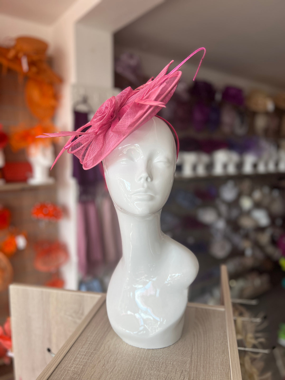 Taffy Pink Saucer Fascinator With Flower &amp; Quill-Fascinators Direct
