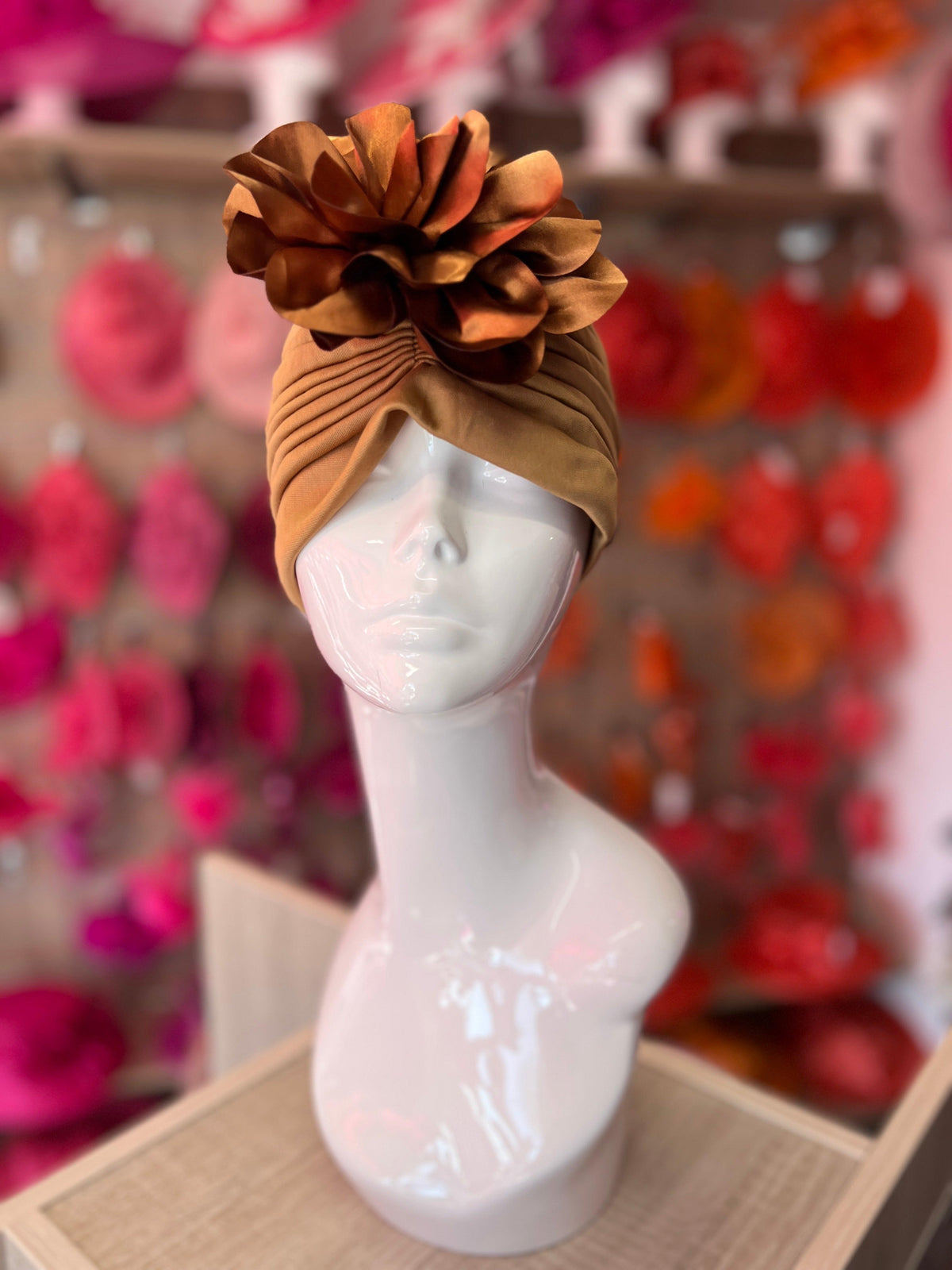Tan Turban With Large Satin Flower-Fascinators Direct