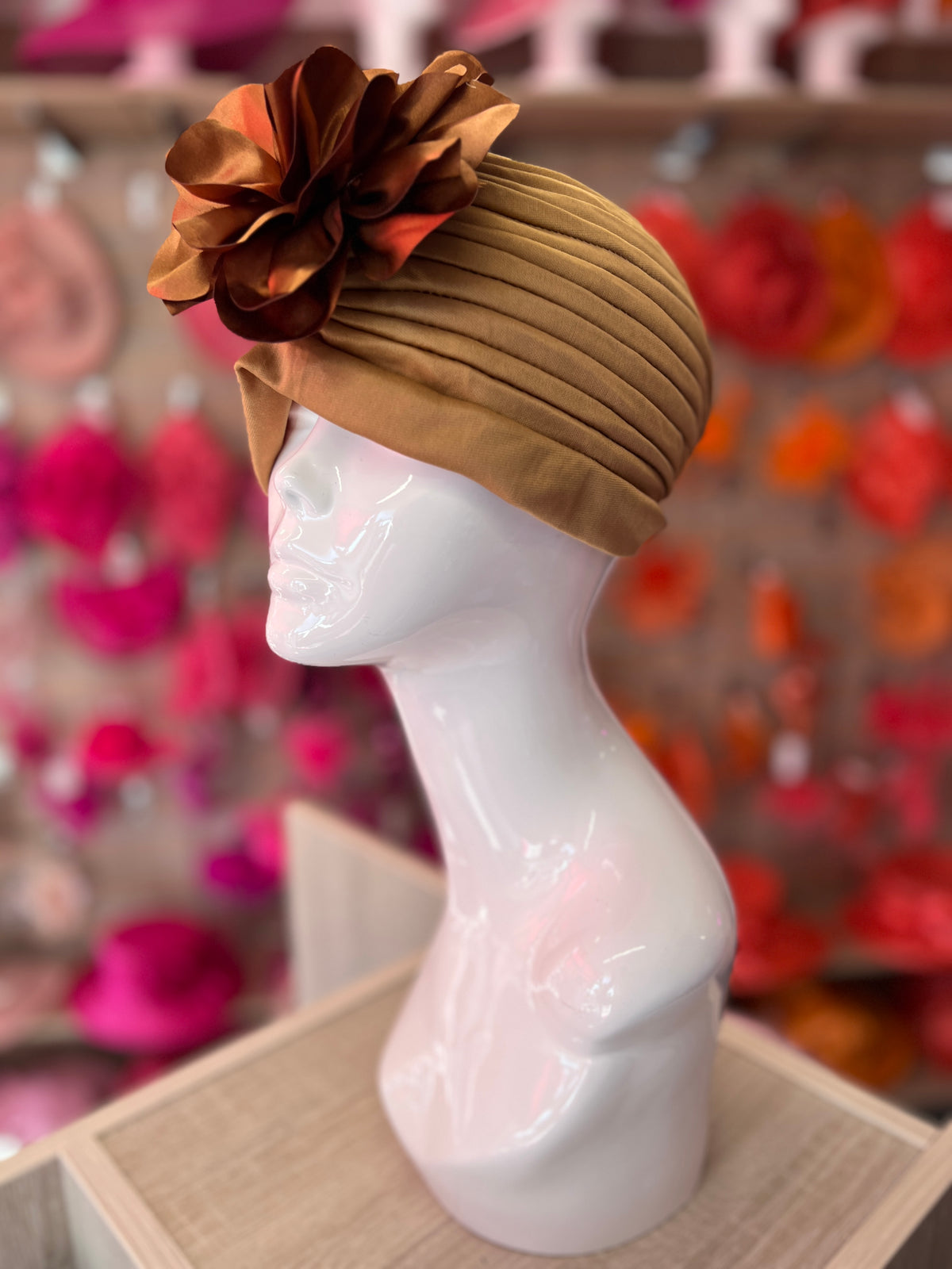 Tan Turban With Large Satin Flower-Fascinators Direct