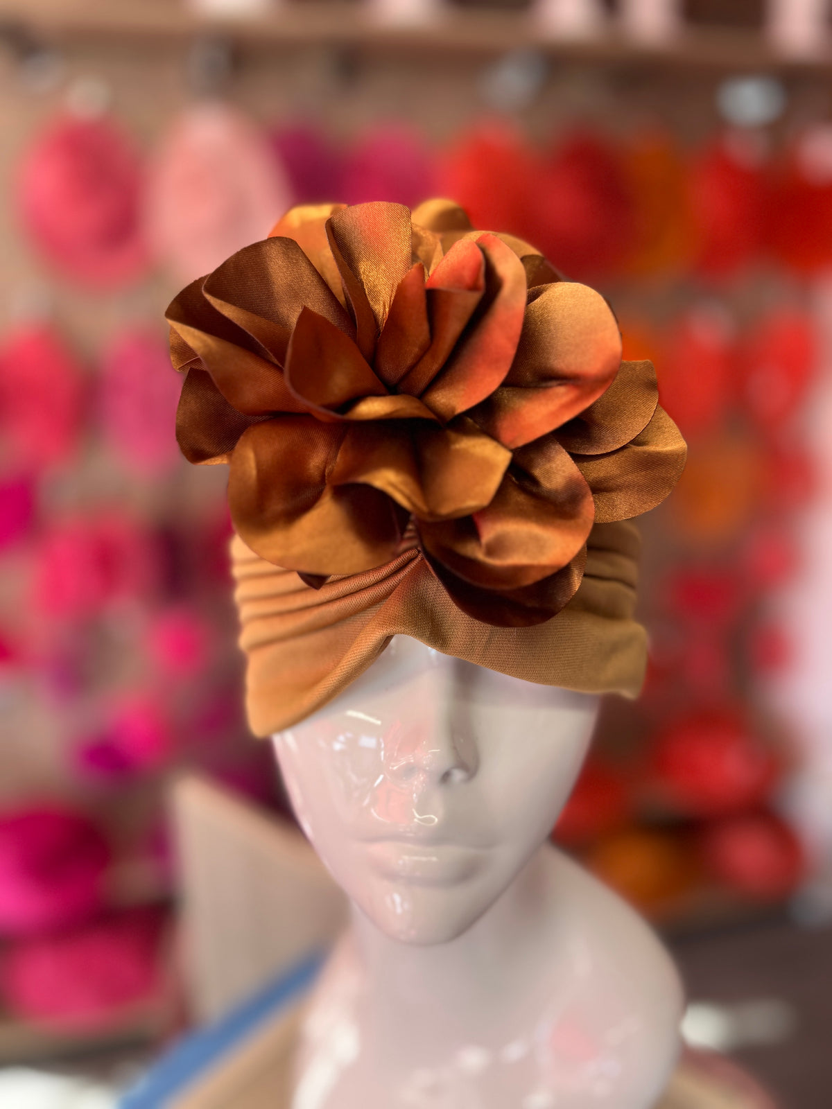 Tan Turban With Large Satin Flower-Fascinators Direct