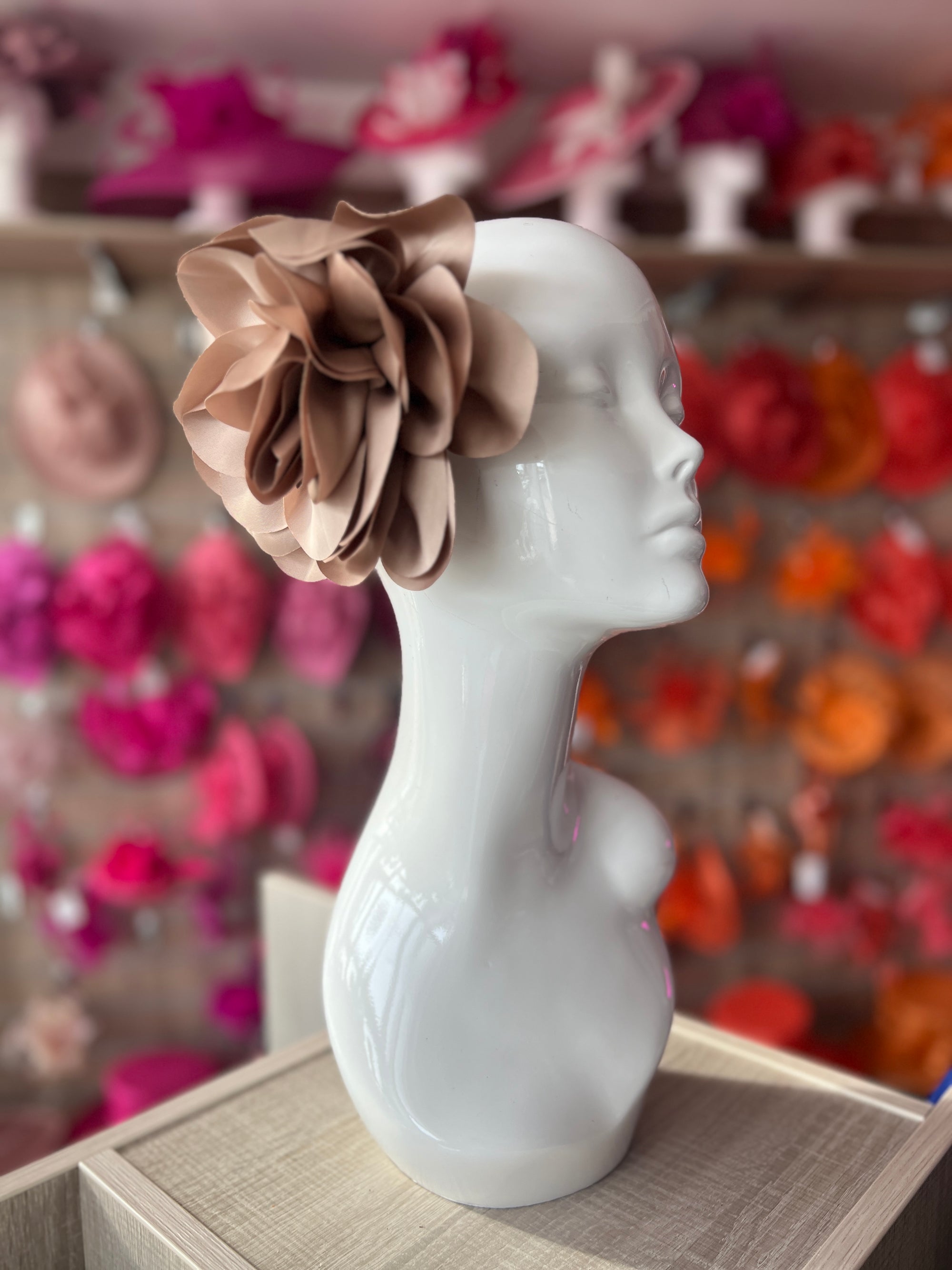 Taupe Large Satin Rose Flower Fascinator-Fascinators Direct