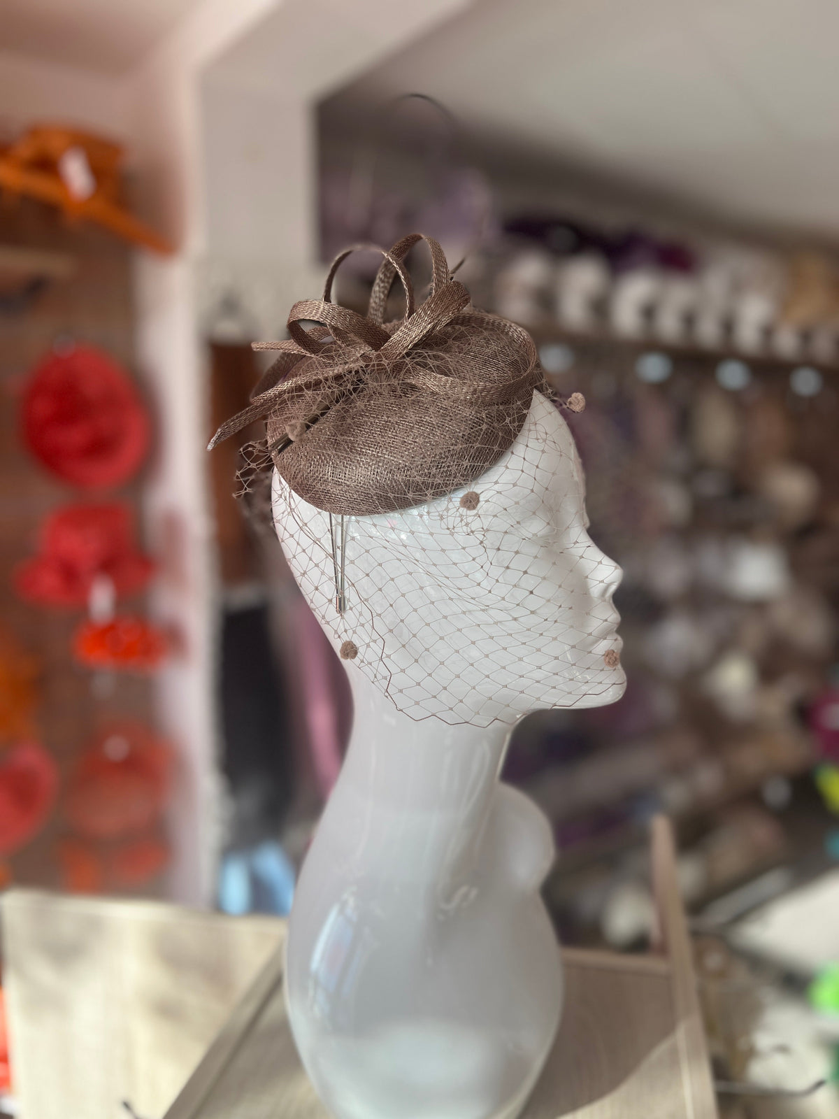 Taupe Pillbox Hat with Veil &amp; Curled Quill-Fascinators Direct