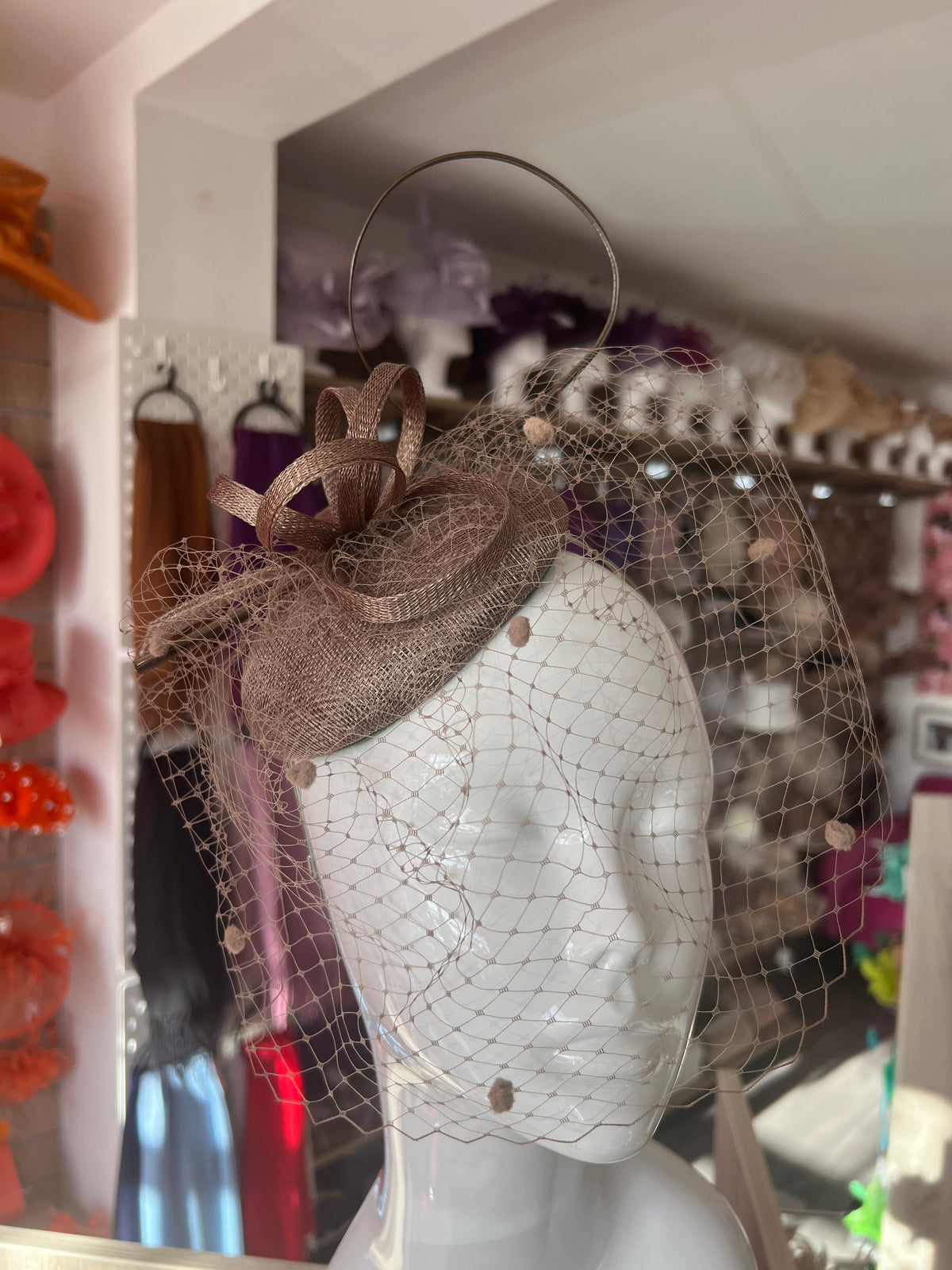 Taupe Pillbox Hat with Veil &amp; Curled Quill-Fascinators Direct