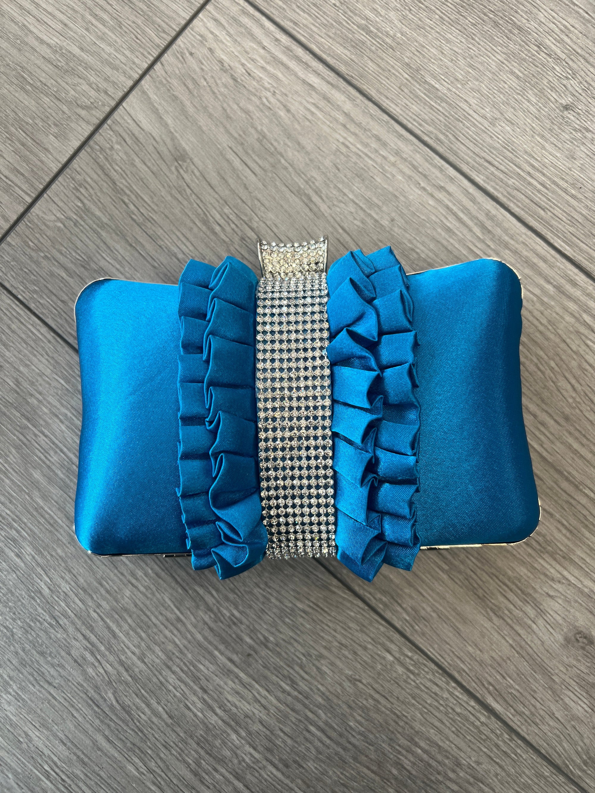 Teal Evening Clutch Bag with Satin Ruffles-Fascinators Direct