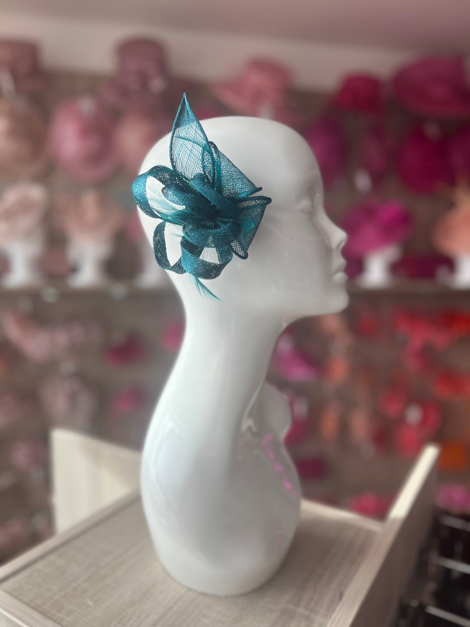 Teal Fascinator Clip with Sinamay & Feather Flower-Fascinators Direct