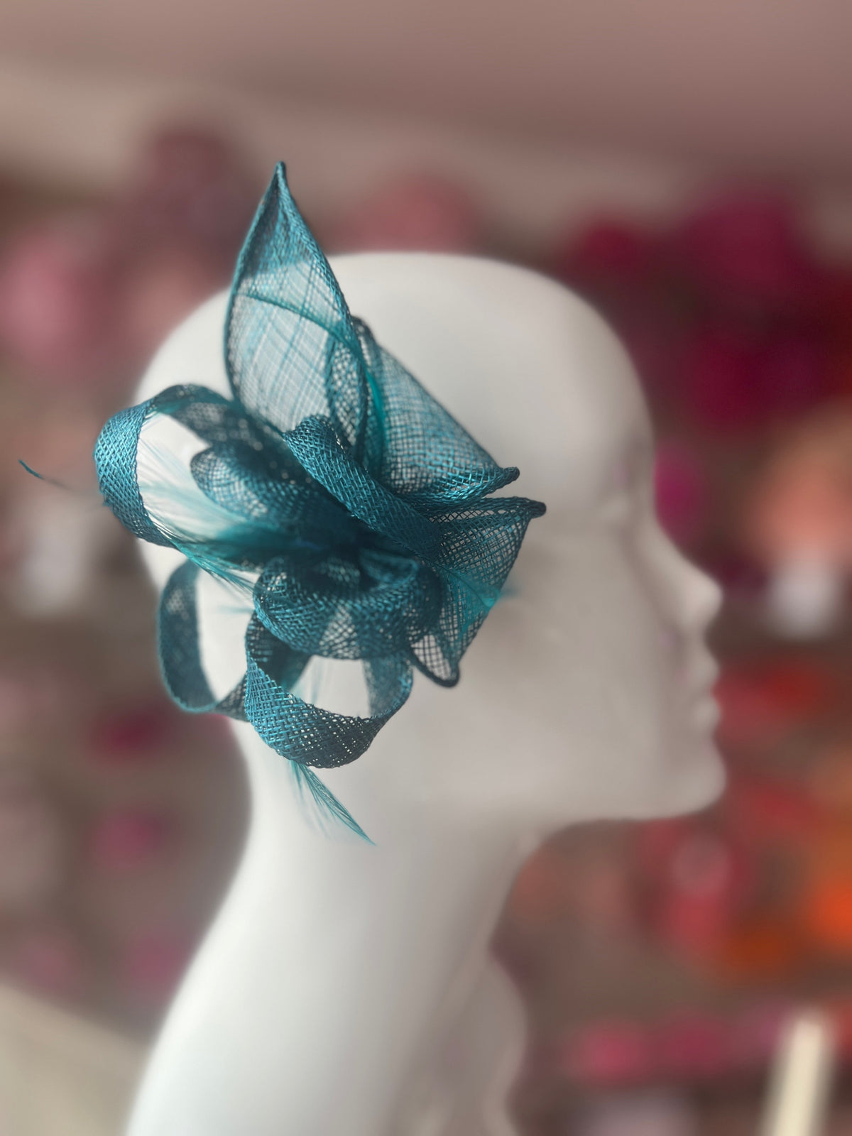 Teal Fascinator Clip with Sinamay &amp; Feather Flower-Fascinators Direct